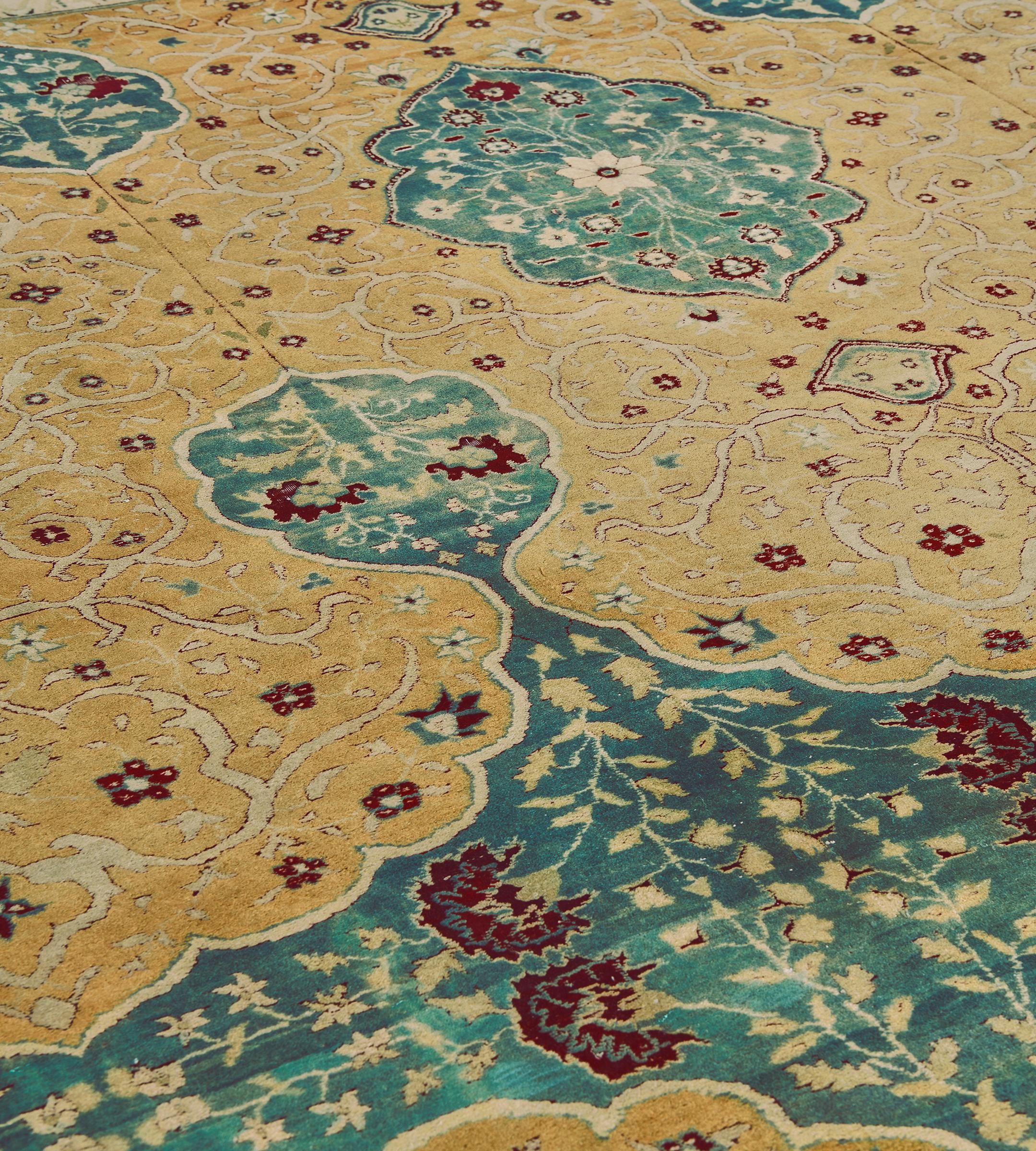 Authentic Antique Hand-Knotted Yellow Wool Arabesque Indian Agra Rug In Good Condition For Sale In West Hollywood, CA
