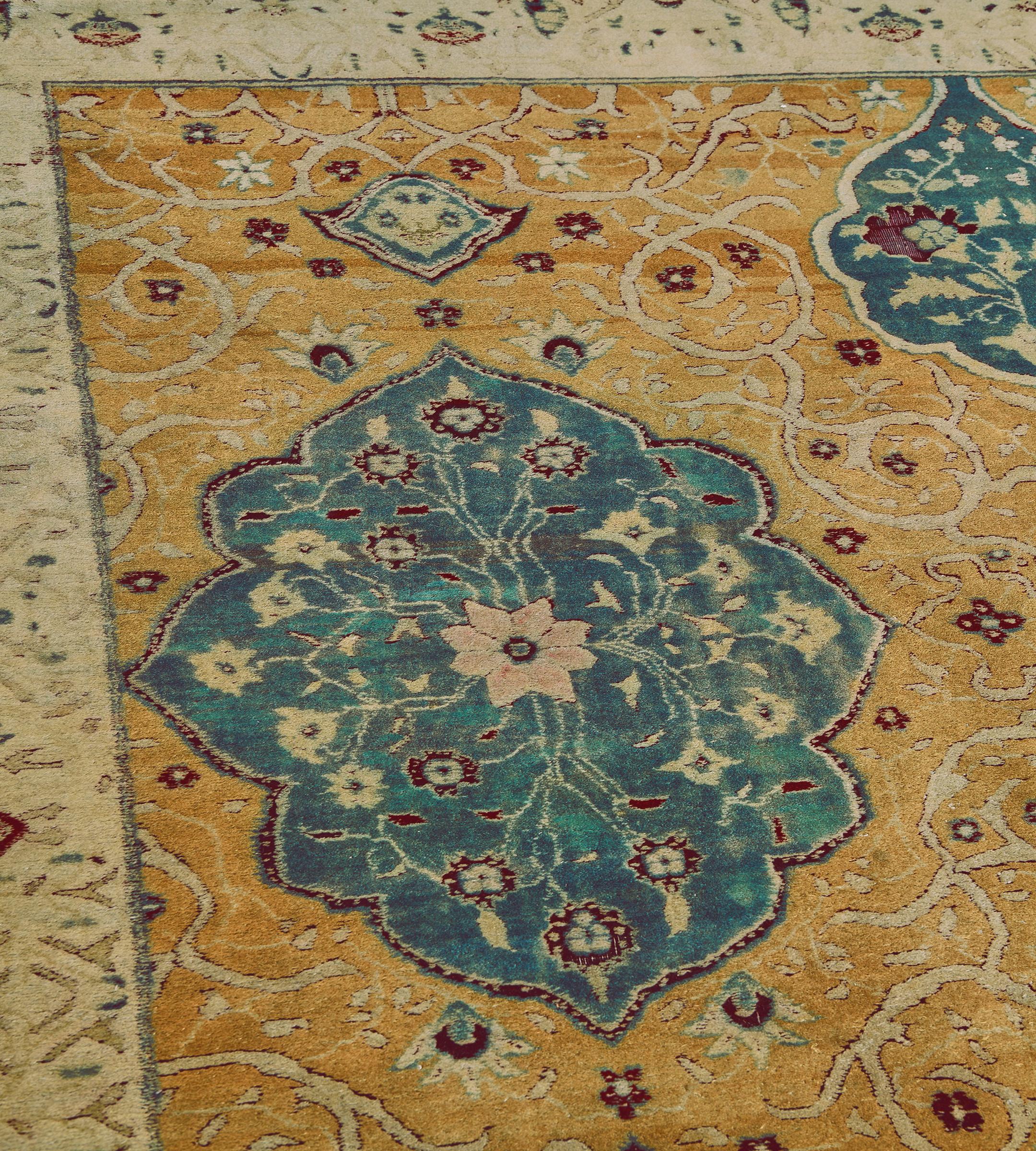 19th Century Authentic Antique Hand-Knotted Yellow Wool Arabesque Indian Agra Rug For Sale