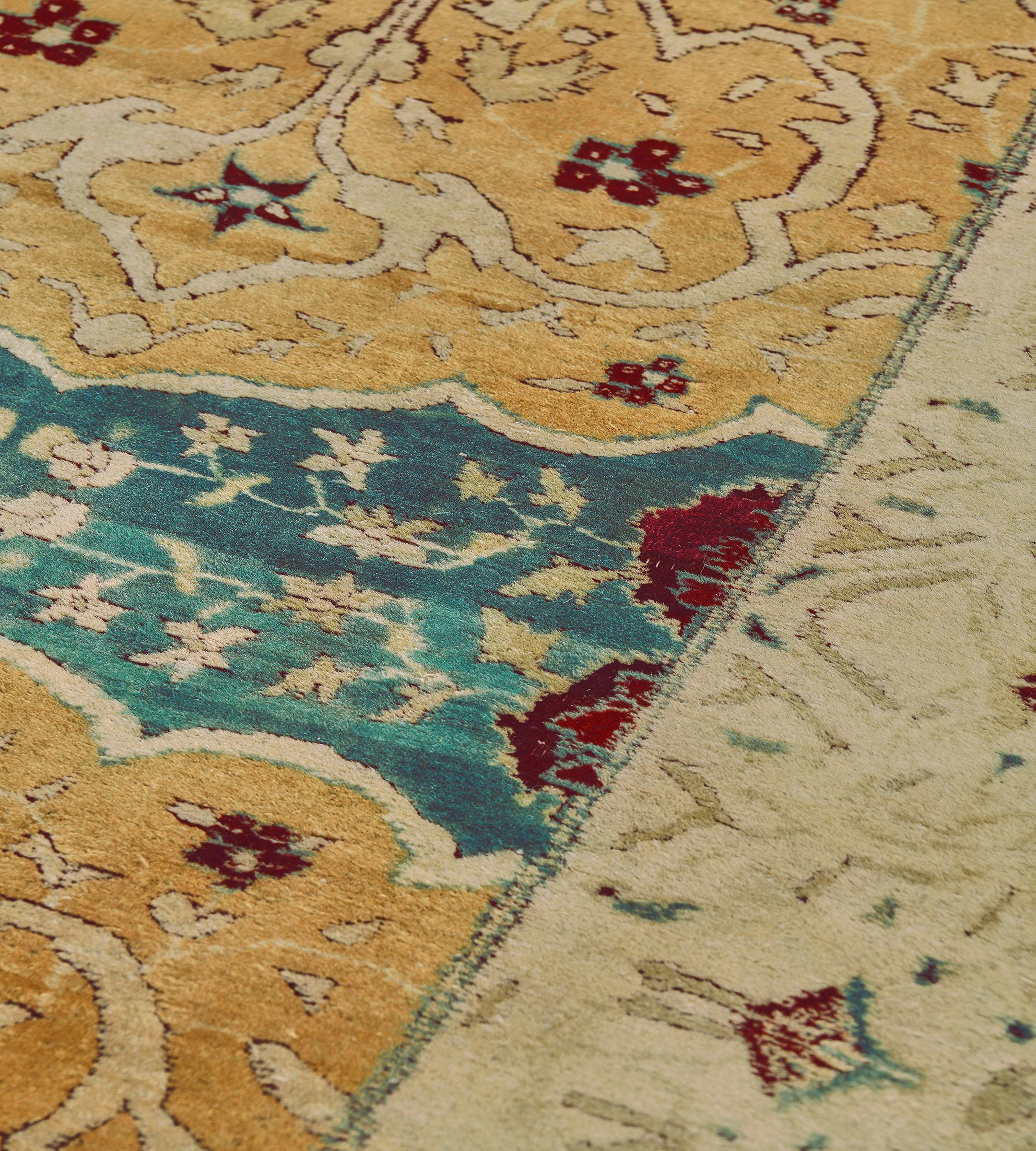 Authentic Antique Hand-Knotted Yellow Wool Arabesque Indian Agra Rug For Sale 1