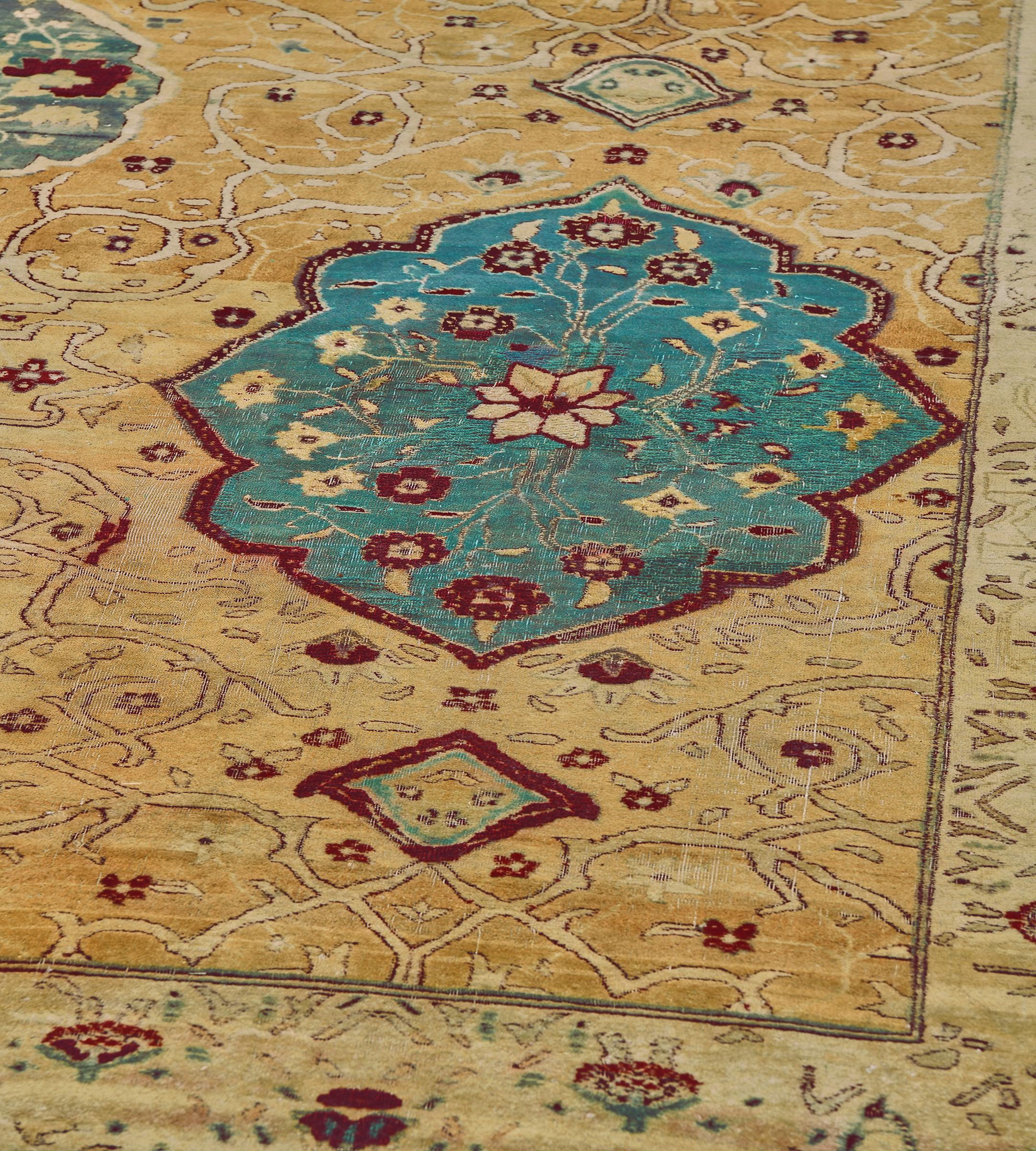 Authentic Antique Hand-Knotted Yellow Wool Arabesque Indian Agra Rug For Sale 2