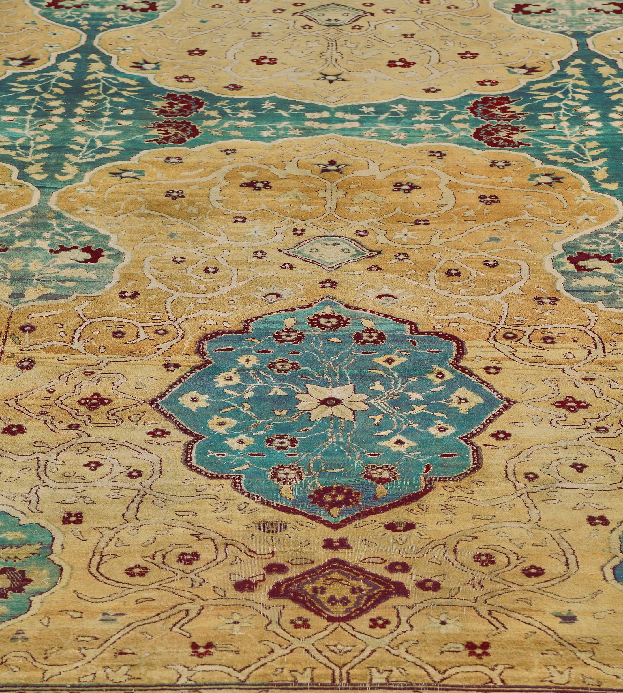 Authentic Antique Hand-Knotted Yellow Wool Arabesque Indian Agra Rug For Sale 3