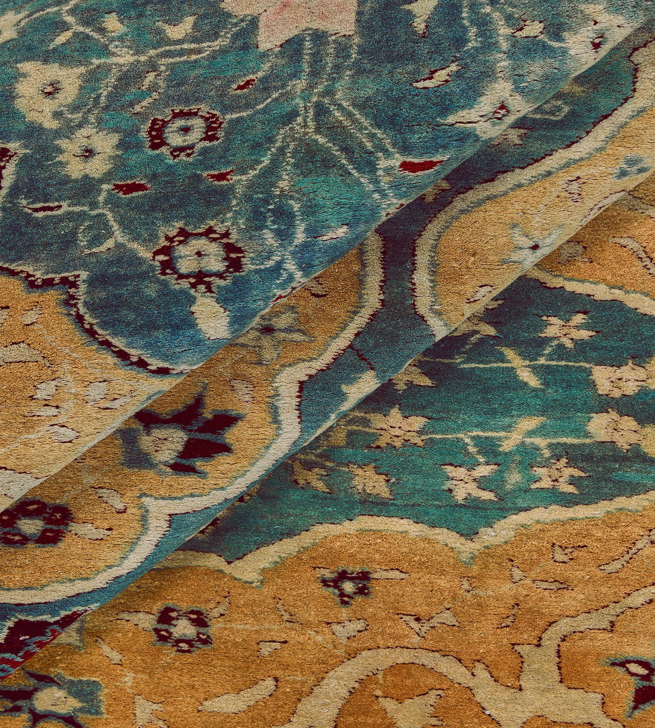 Authentic Antique Hand-Knotted Yellow Wool Arabesque Indian Agra Rug For Sale 4