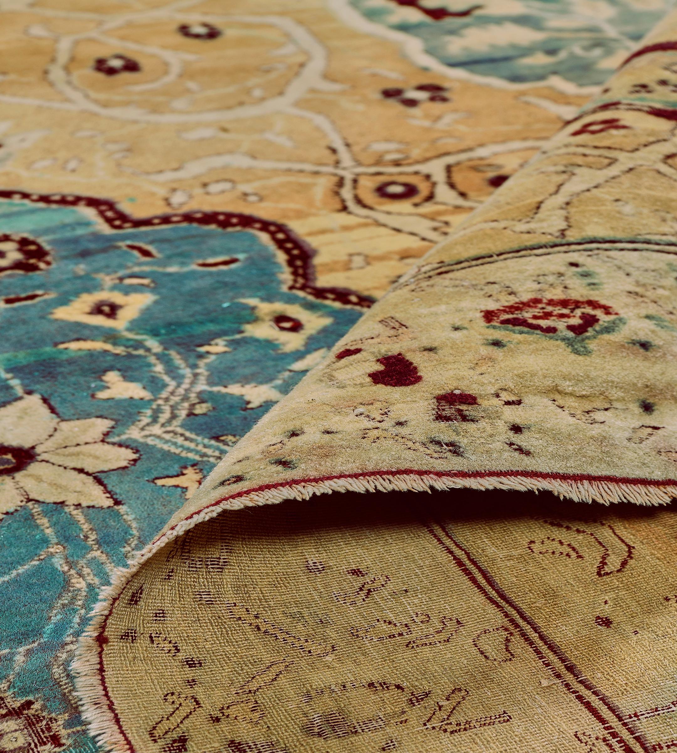 Authentic Antique Hand-Knotted Yellow Wool Arabesque Indian Agra Rug For Sale 5