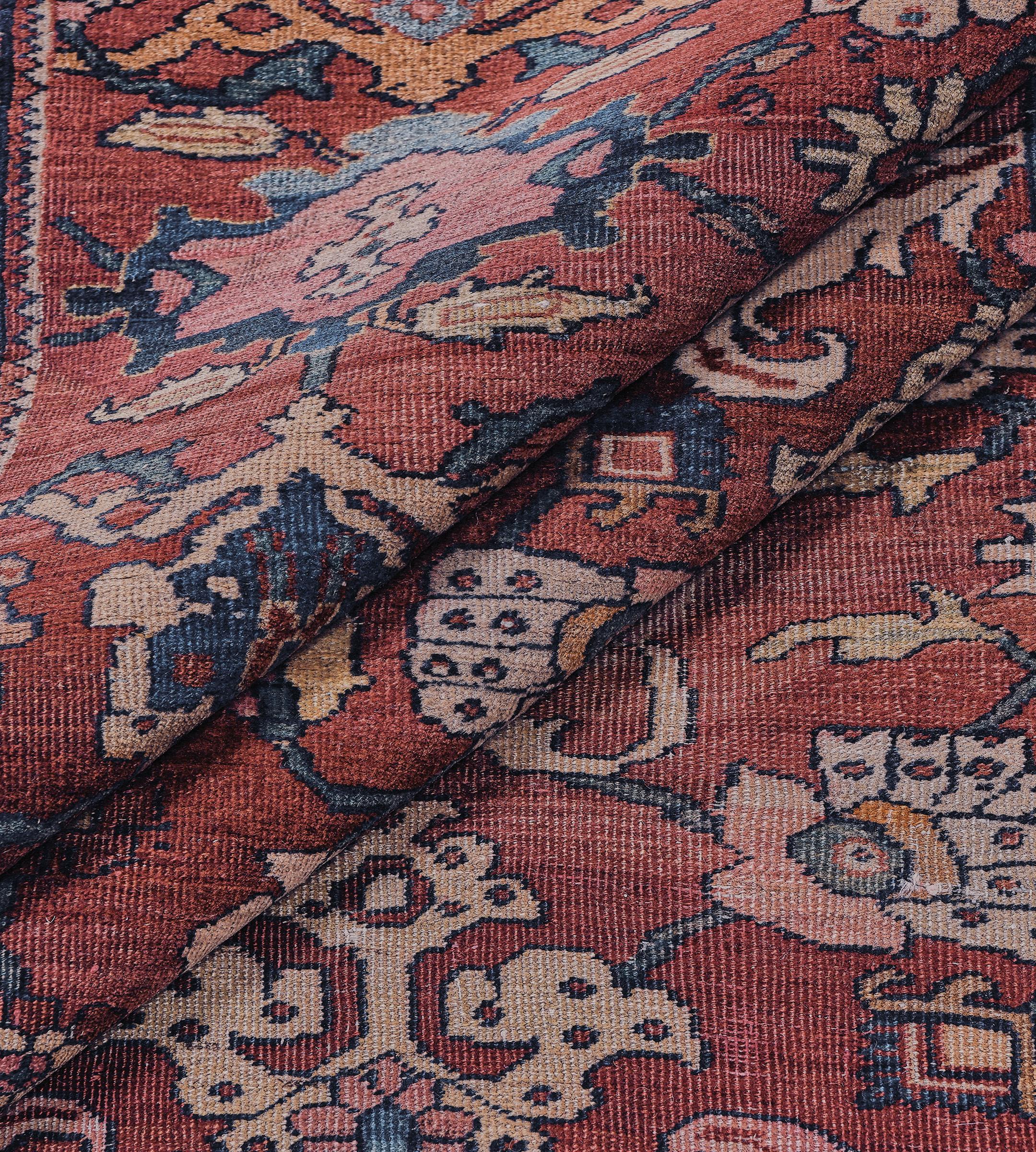 Authentic Antique Hand-Woven Wool Floral Red & Indigo Persian Fereghan Rug For Sale 5