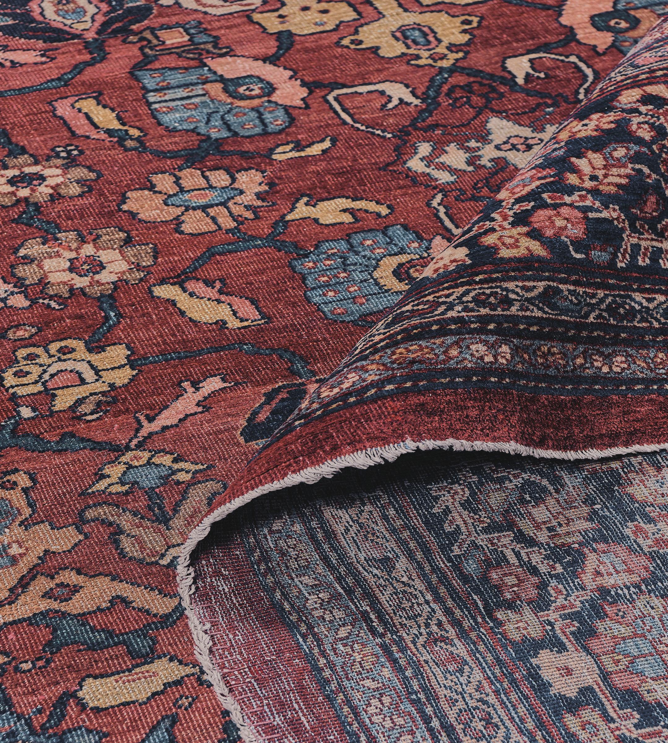 Authentic Antique Hand-Woven Wool Floral Red & Indigo Persian Fereghan Rug For Sale 6