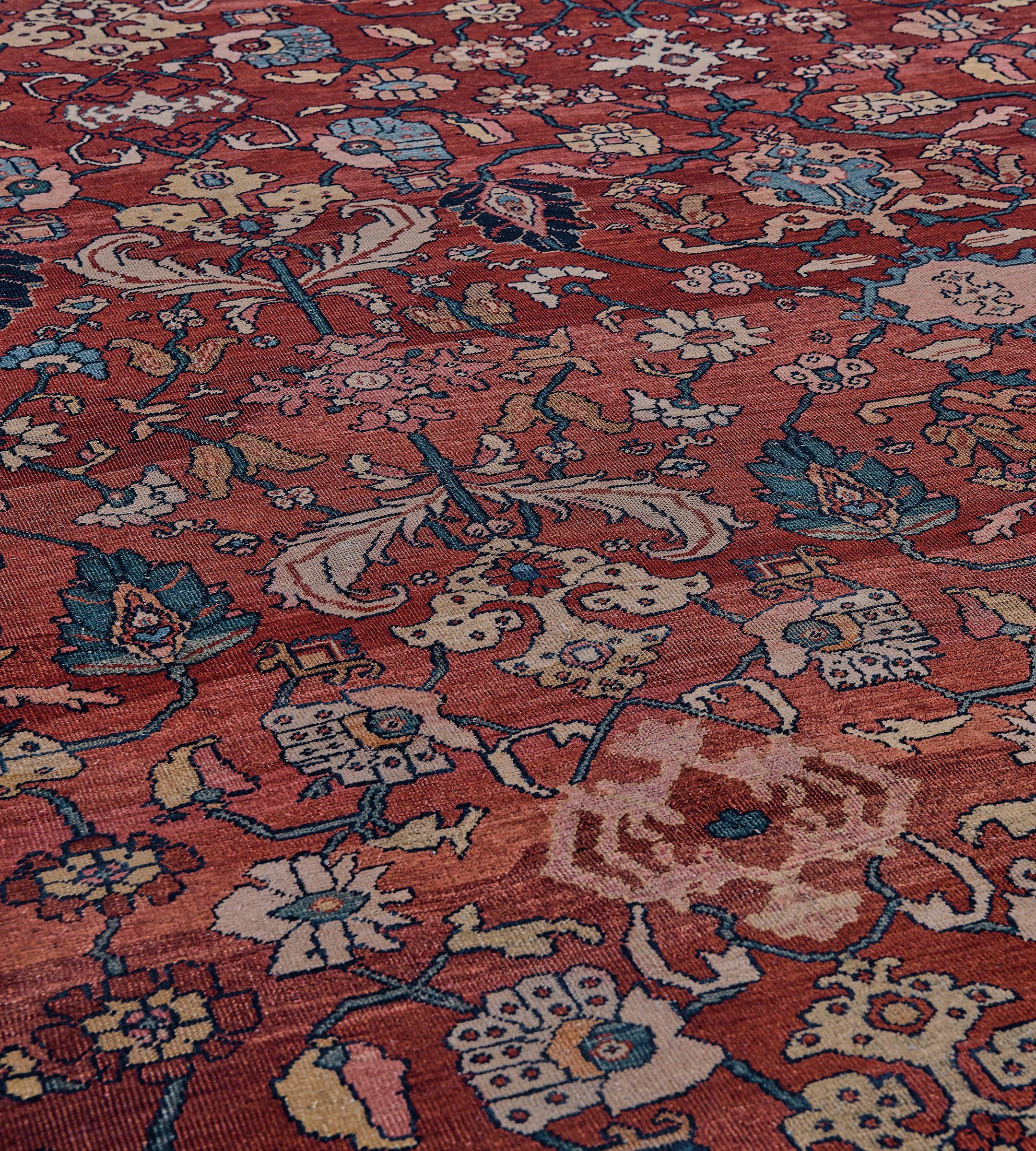 Hand-Knotted Authentic Antique Hand-Woven Wool Floral Red & Indigo Persian Fereghan Rug For Sale