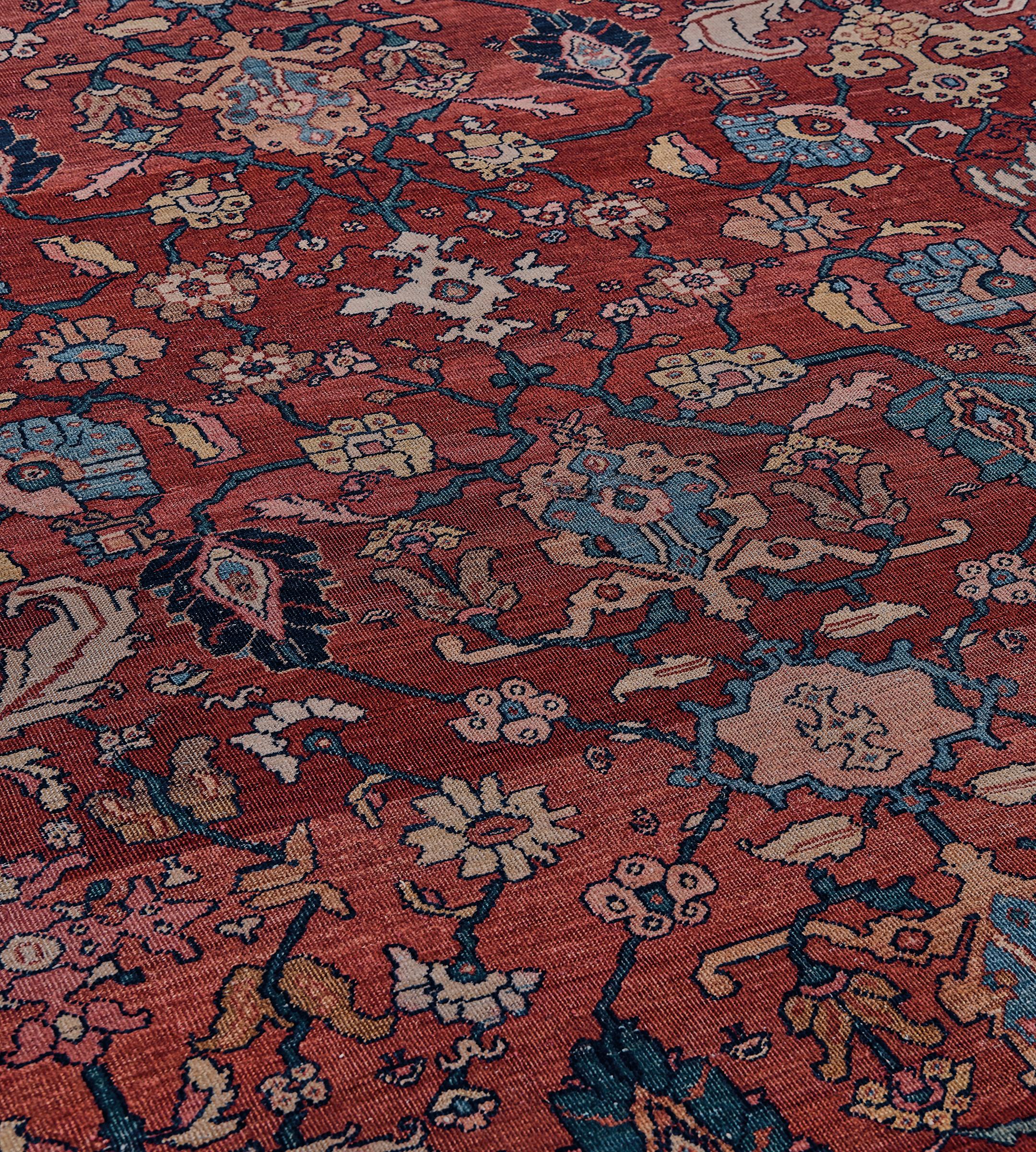 Authentic Antique Hand-Woven Wool Floral Red & Indigo Persian Fereghan Rug In Good Condition For Sale In West Hollywood, CA