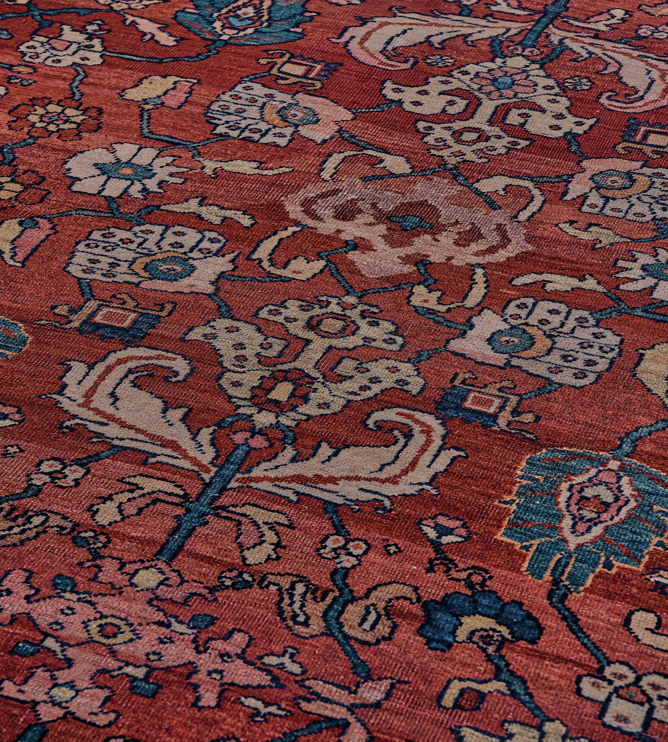 Authentic Antique Hand-Woven Wool Floral Red & Indigo Persian Fereghan Rug For Sale 1
