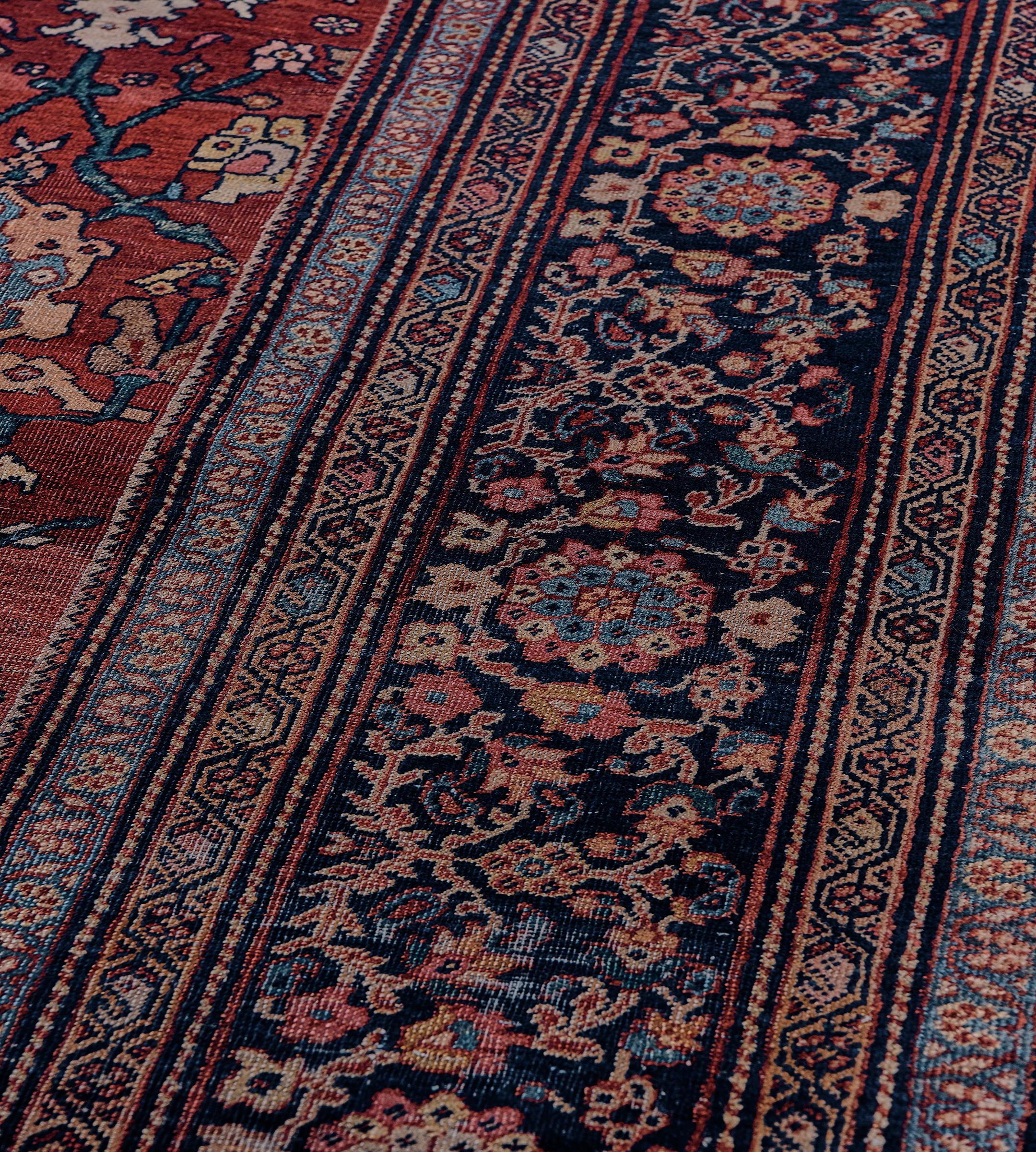 Authentic Antique Hand-Woven Wool Floral Red & Indigo Persian Fereghan Rug For Sale 2