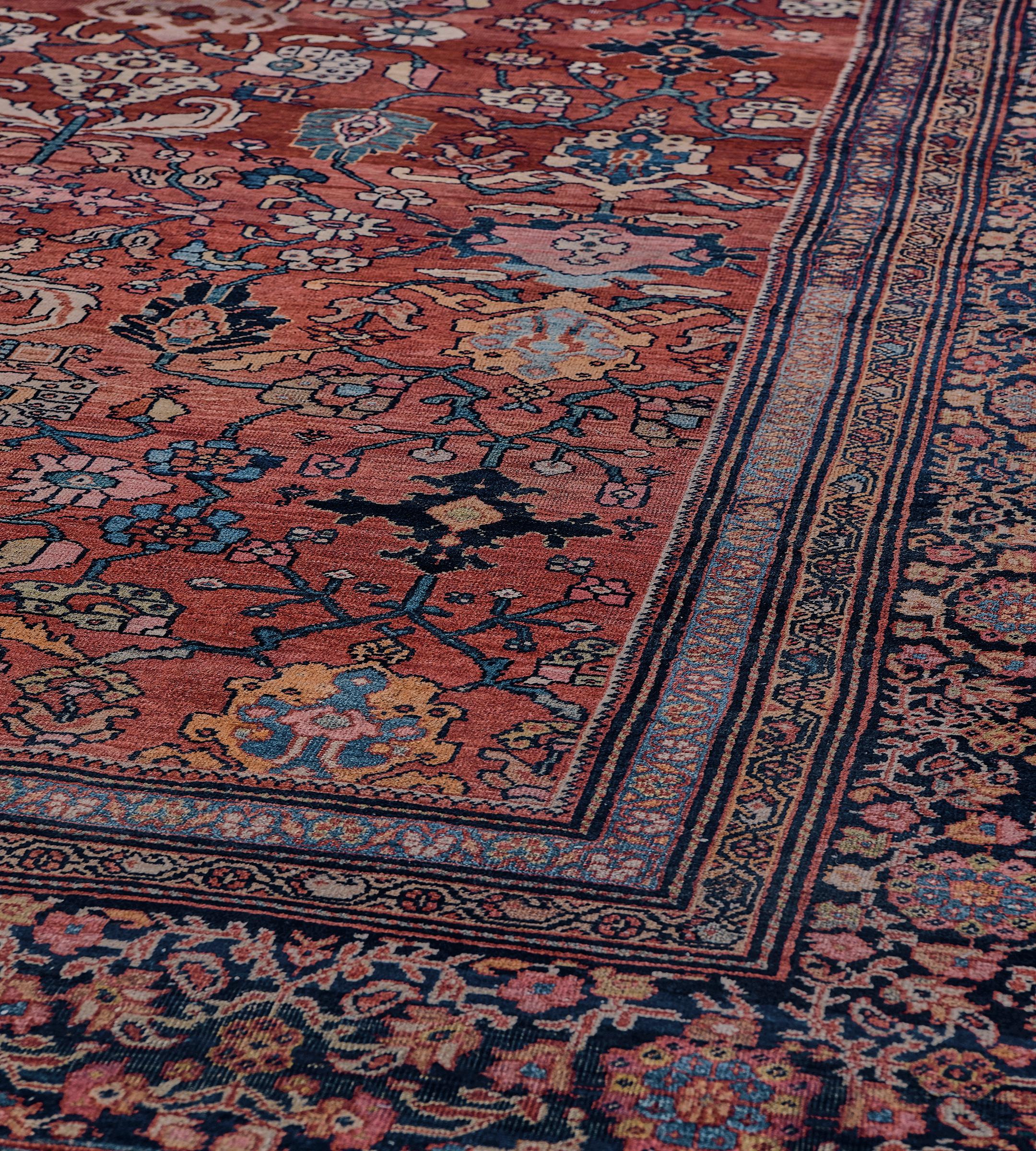 Authentic Antique Hand-Woven Wool Floral Red & Indigo Persian Fereghan Rug For Sale 3
