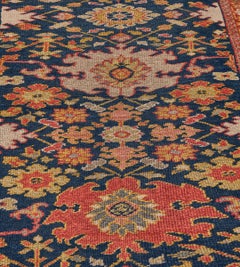 Authentic Antique Navy and Tomato-Red Floral Persian Ziegler Runner