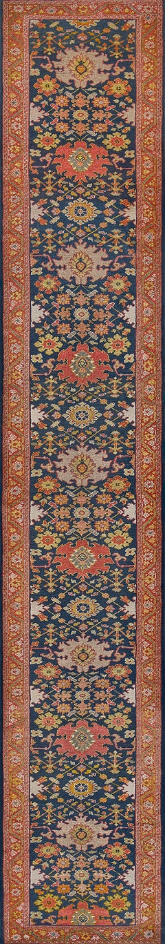 Authentic Antique Navy and Tomato-Red Floral Persian Ziegler Runner