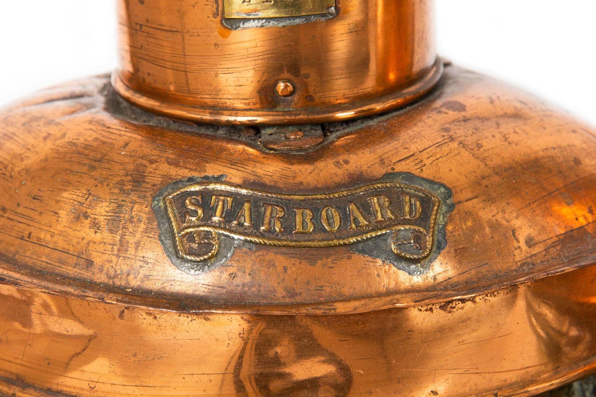 20th Century Authentic Antique Pair of English Copper Ship’s Starboard & Port Lanterns For Sale