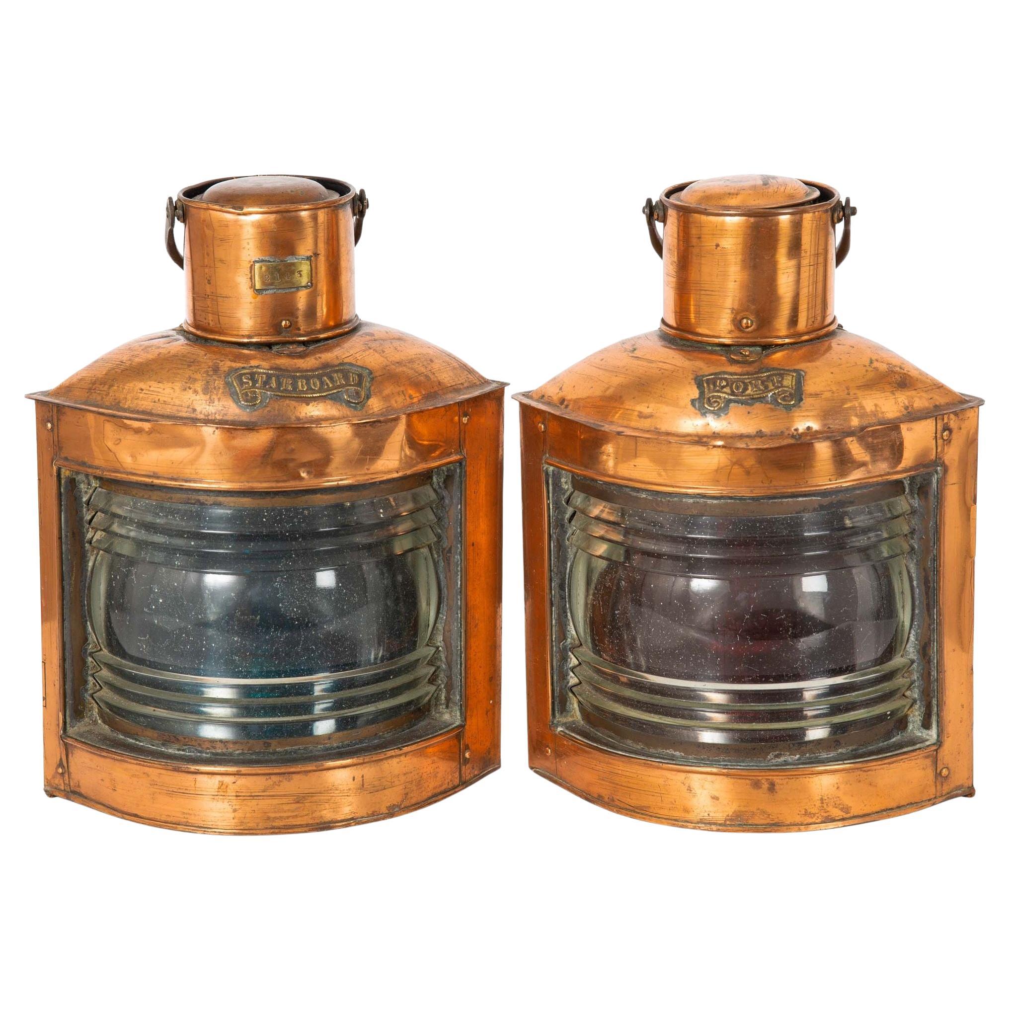 Authentic Antique Pair of English Copper Ship’s Starboard & Port Lanterns For Sale