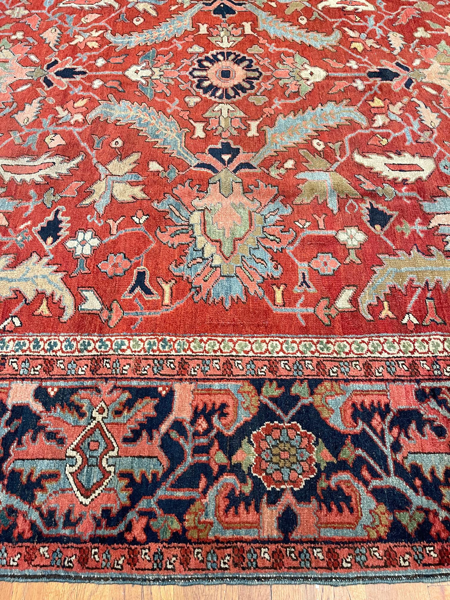 Authentic Antique Persian Hand Knotted Semi Geometric Heriz Rug 1920 Circa For Sale 4