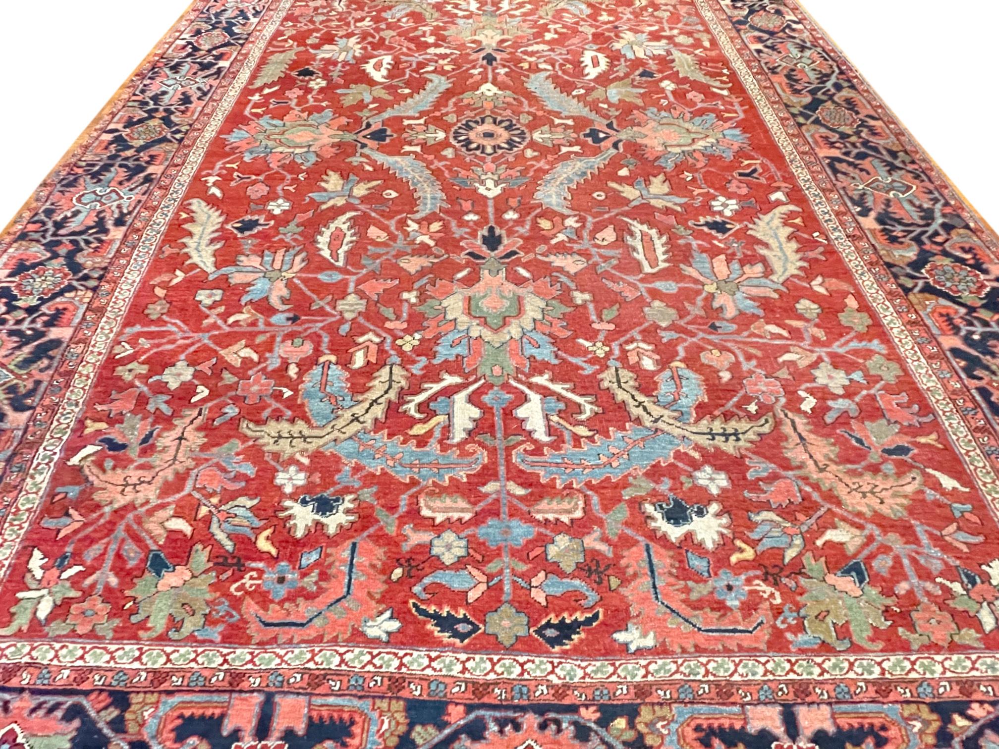 Authentic Antique Persian Hand Knotted Semi Geometric Heriz Rug 1920 Circa For Sale 5