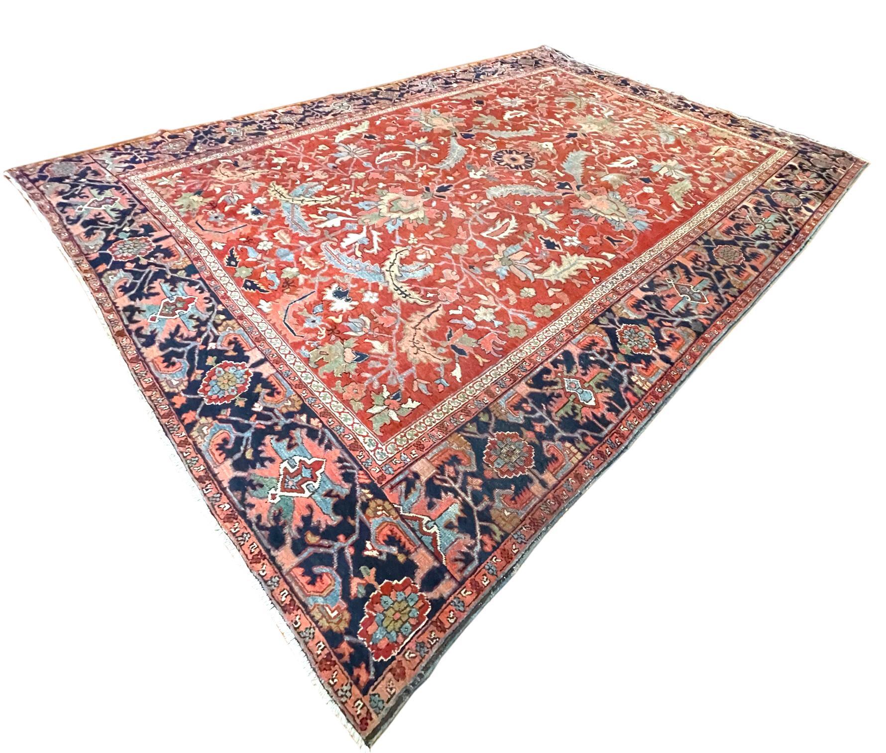 Wool Authentic Antique Persian Hand Knotted Semi Geometric Heriz Rug 1920 Circa For Sale