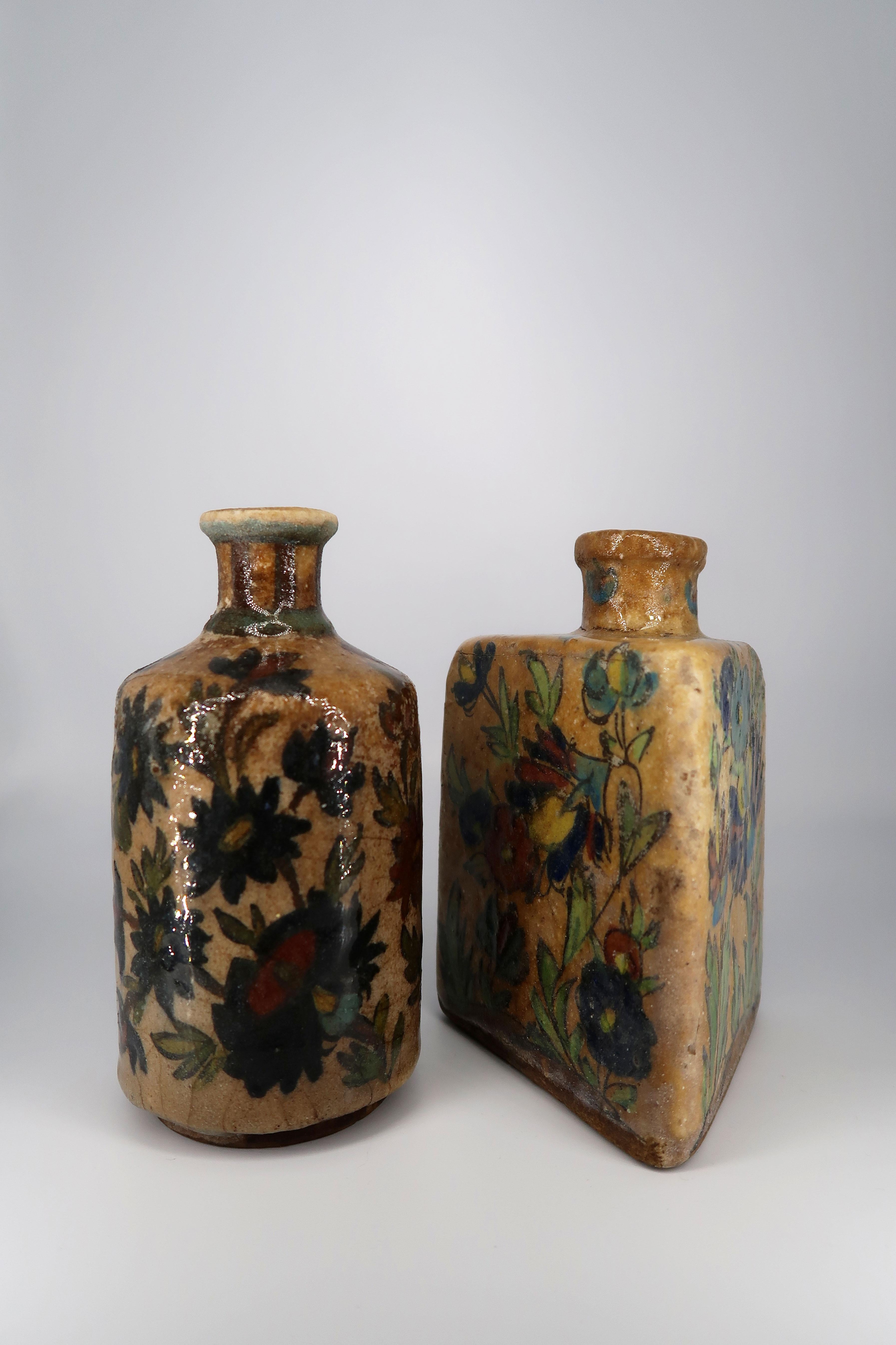 Islamic Pair of Authentic Antique Persian Qajar Pottery Tea Flasks, Late 19th Century