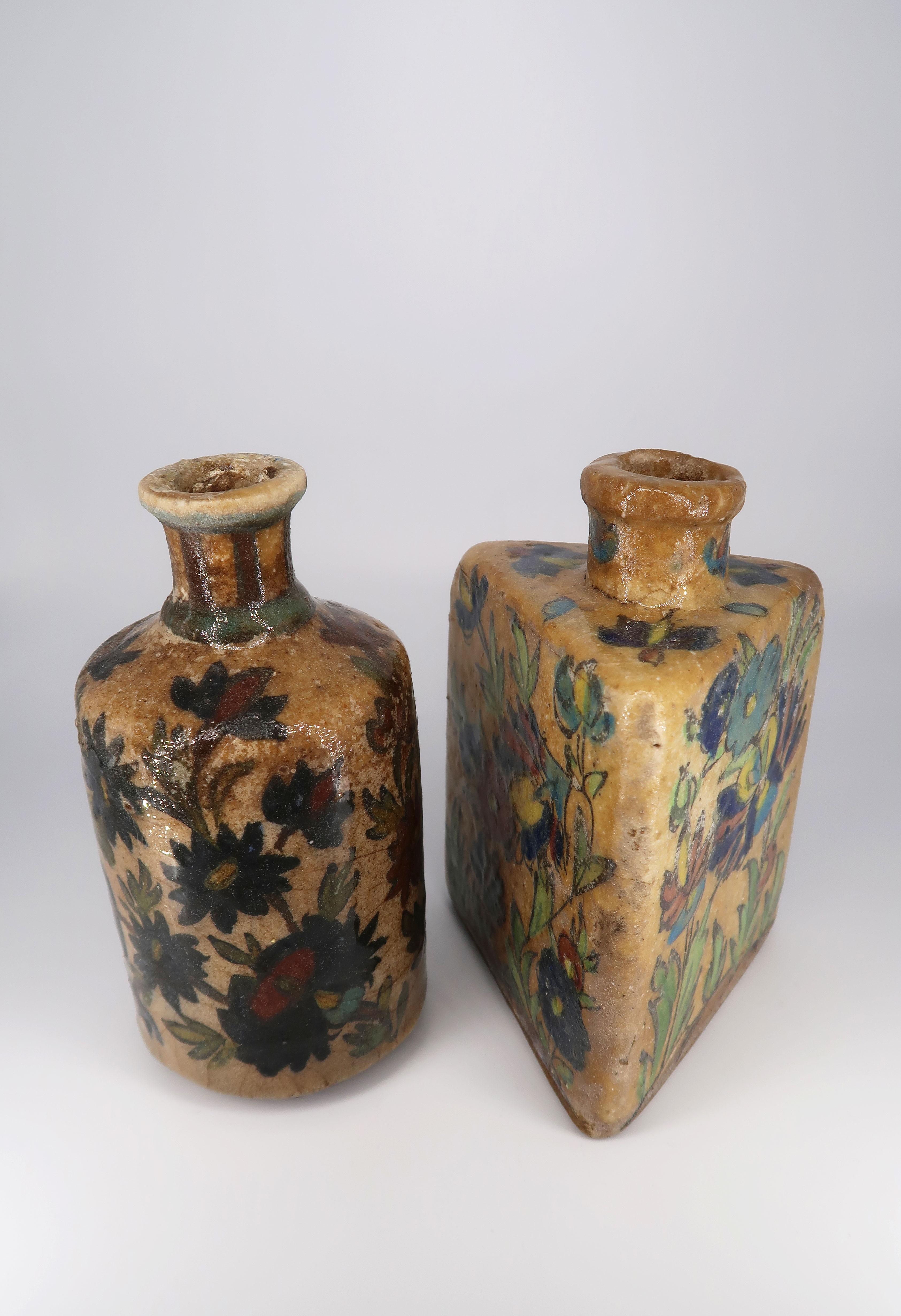 Pair of Authentic Antique Persian Qajar Pottery Tea Flasks, Late 19th Century In Fair Condition In Copenhagen, DK