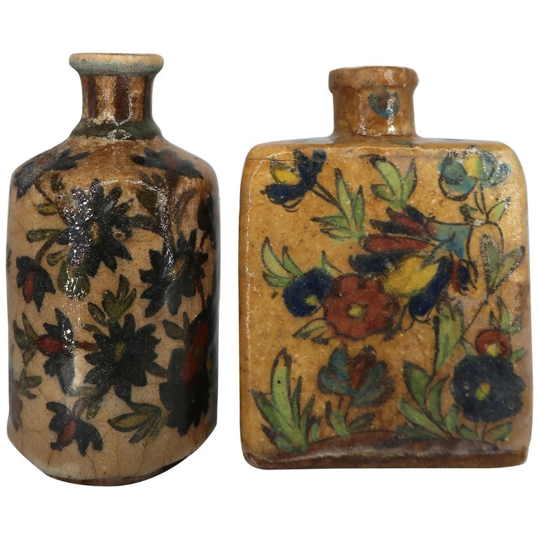 Authentic Antique Persian Qajar Rustic Pottery Tea Flasks, Late 19th