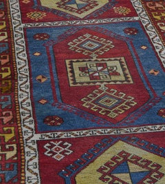 Authentic Antique Seven Red and Blue Panels Turkish Runner
