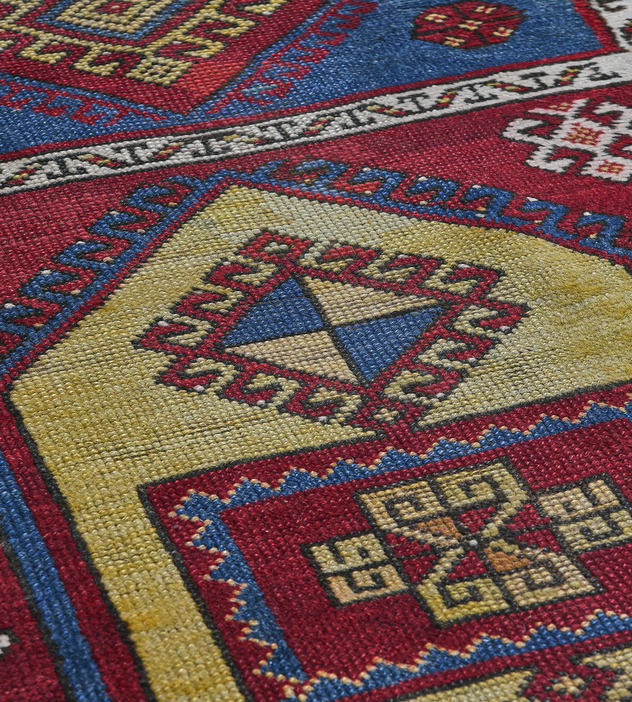 Laine Authentique couloir turc antique à sept panneaux rouges et bleus en vente