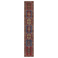 Authentic Antique Seven Red and Blue Panels Turkish Runner