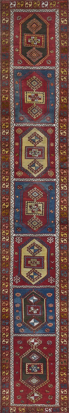 Authentic Antique Seven Red and Blue Panels Turkish Runner
