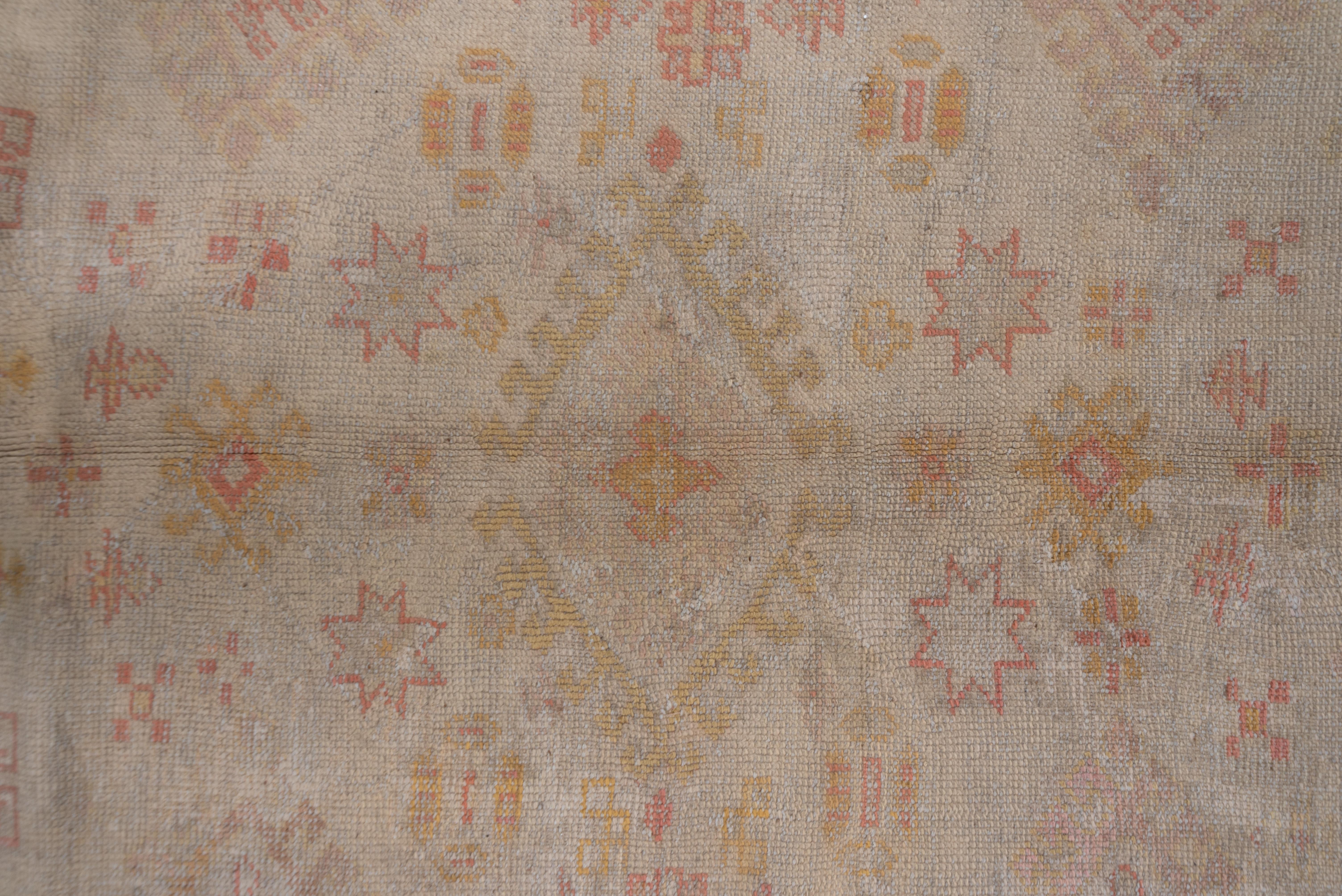 Authentic Antique Turkish Oushak Rug, Neutral Field, Pink & Yellow Accents In Good Condition For Sale In New York, NY