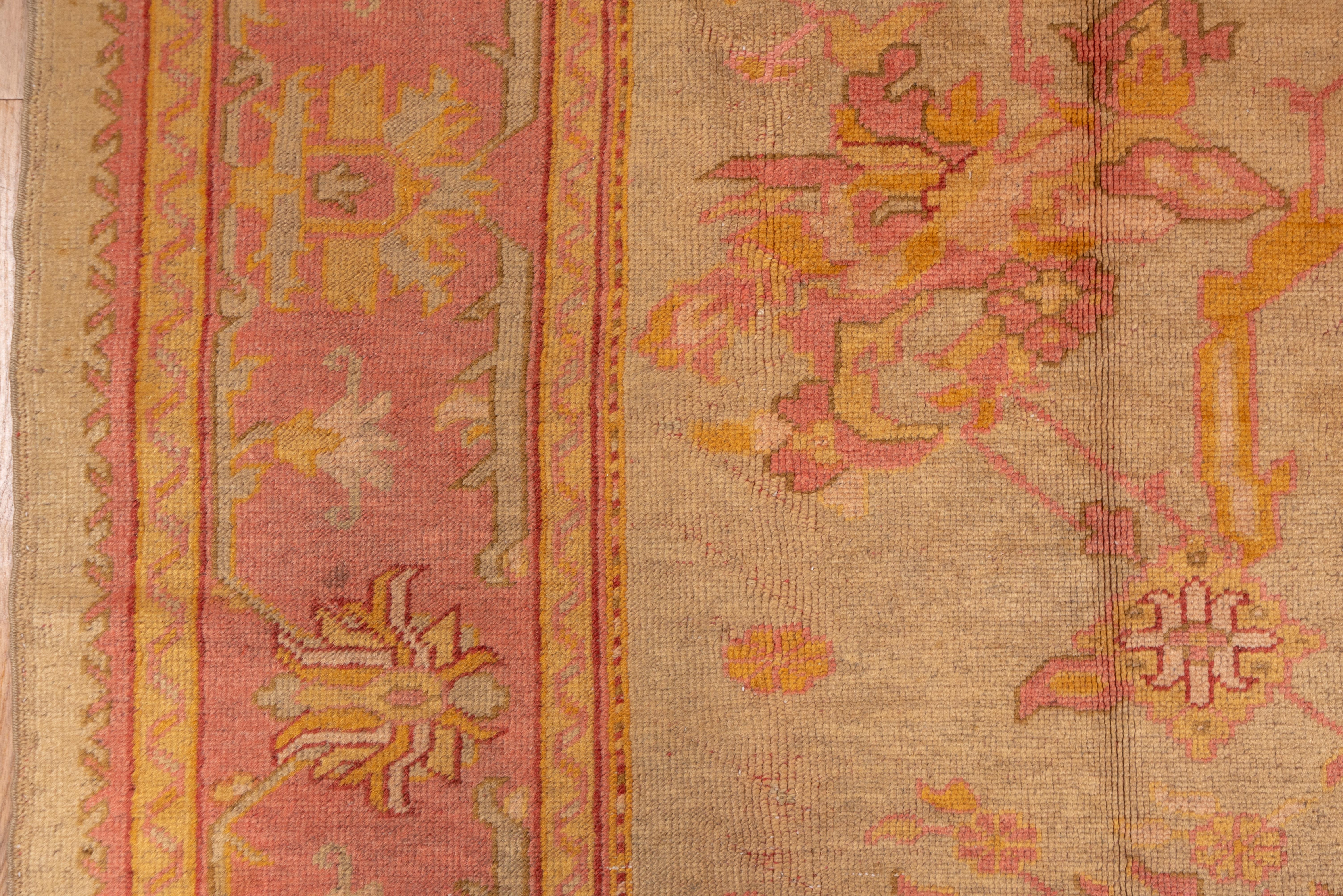 Oushak Authentic Antique Turkish Rug, Pale Green All-Over Field, Pink and Gold Borders For Sale
