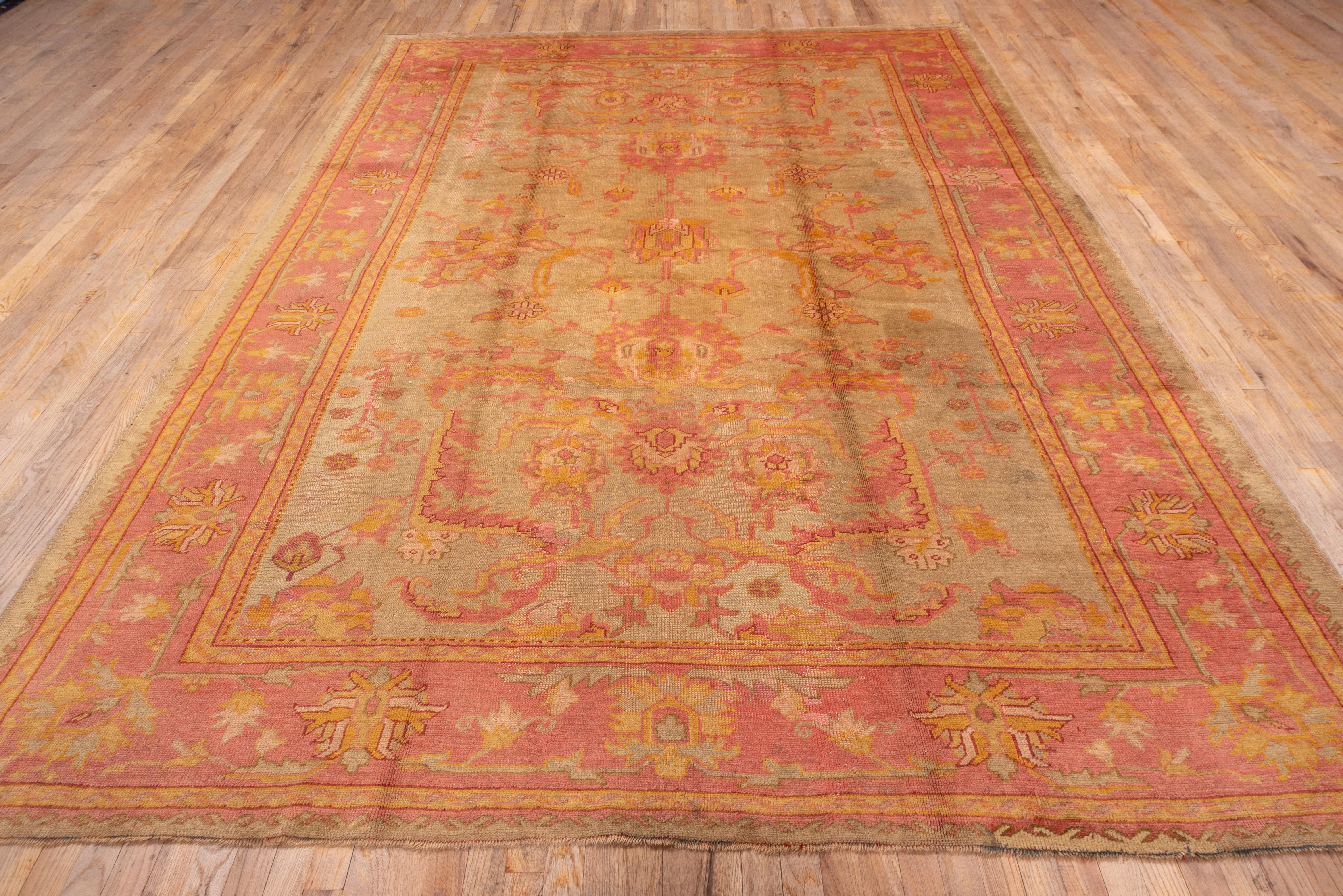 Early 20th Century Authentic Antique Turkish Rug, Pale Green All-Over Field, Pink and Gold Borders For Sale