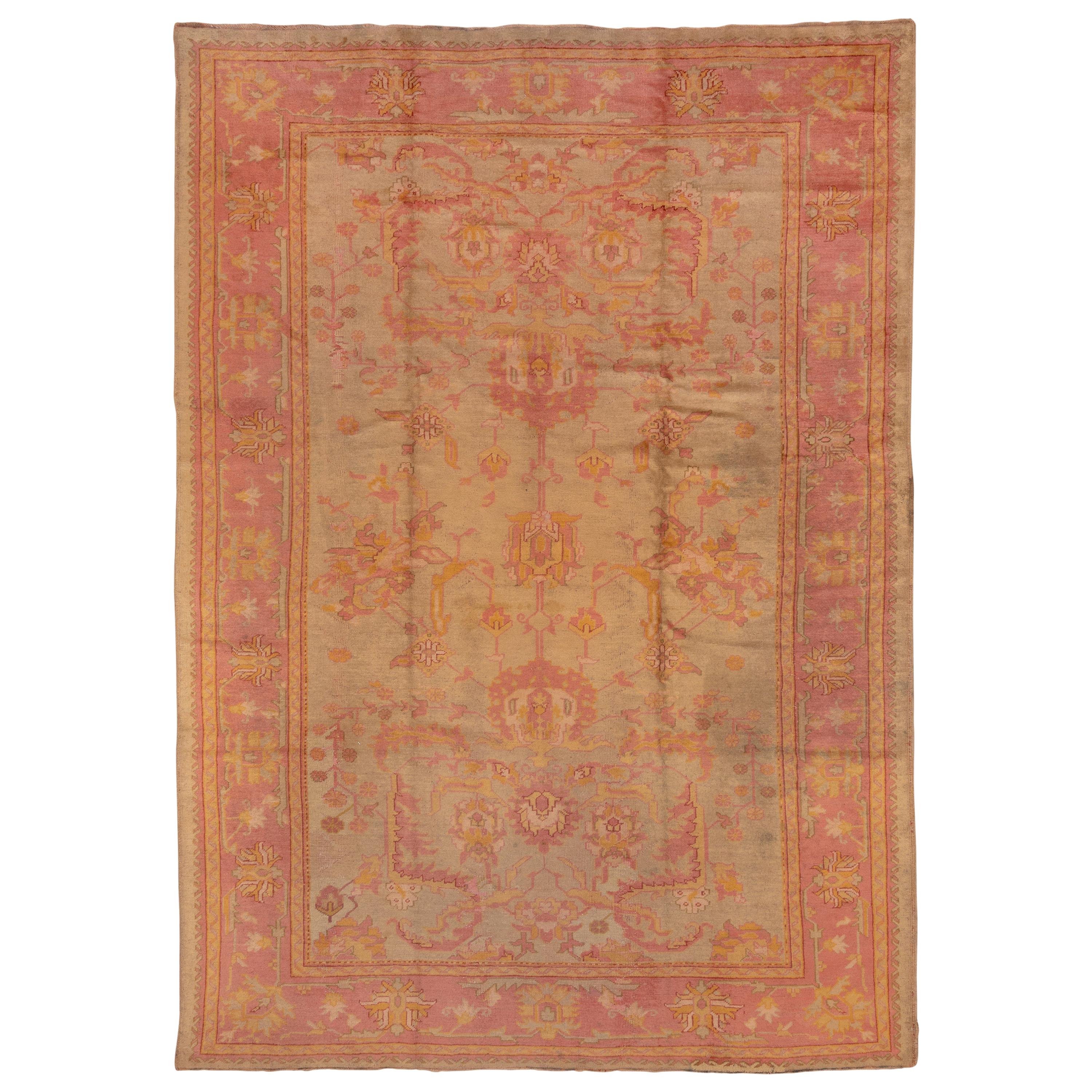 Authentic Antique Turkish Rug, Pale Green All-Over Field, Pink and Gold Borders For Sale