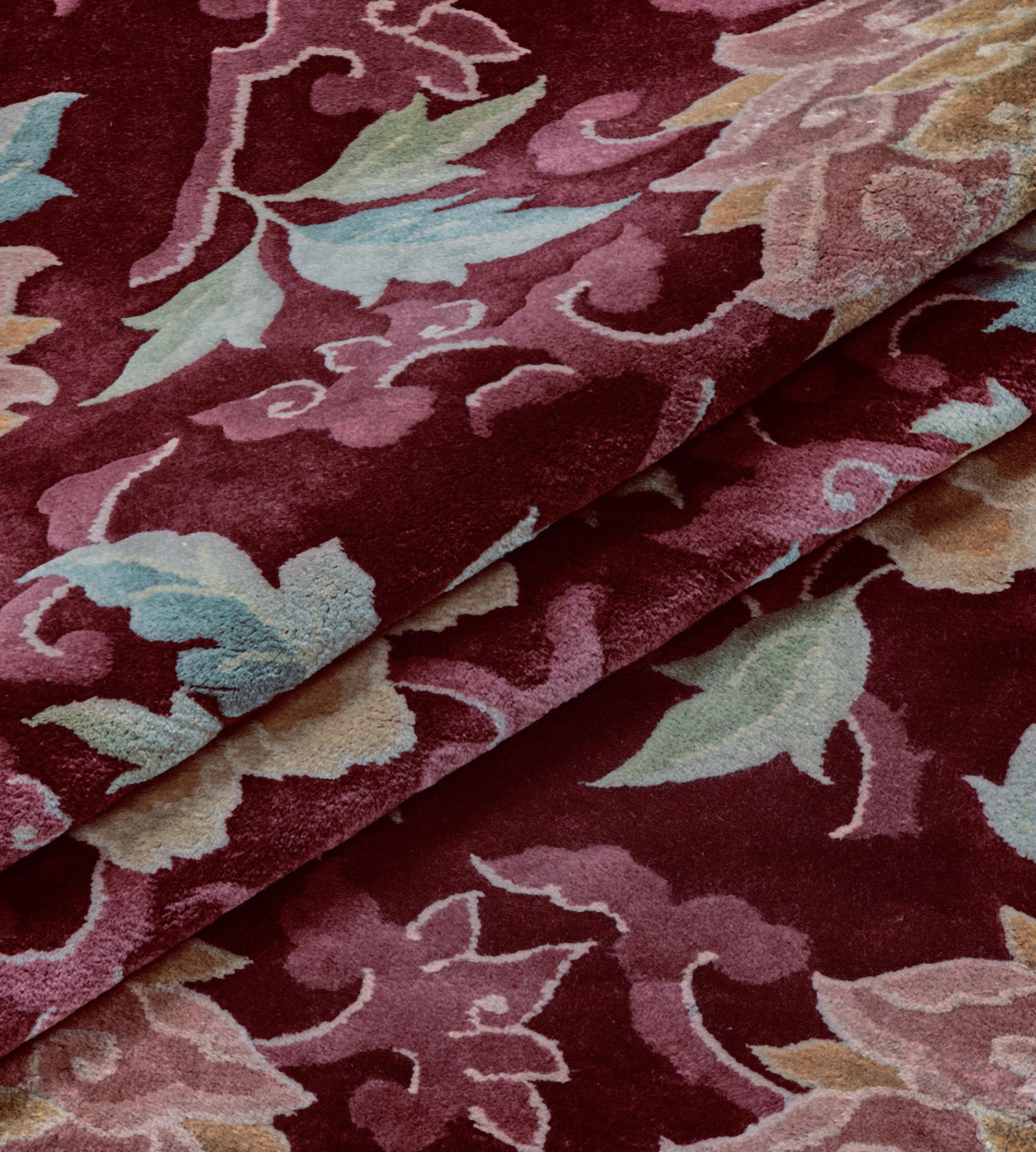 Authentic Antique Wool Burgundy Floral Chinese Rug For Sale 5