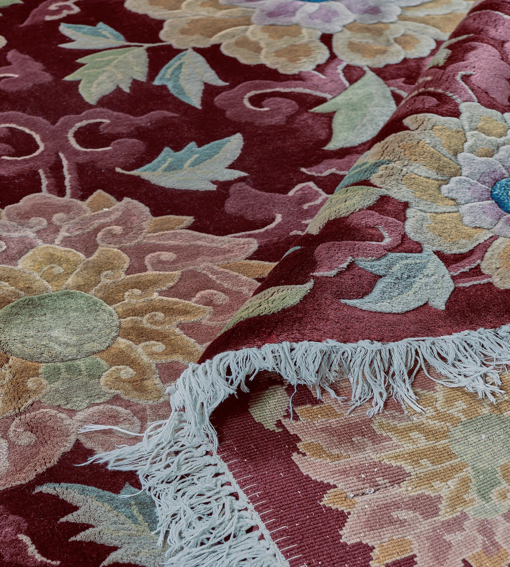 Authentic Antique Wool Burgundy Floral Chinese Rug For Sale 6
