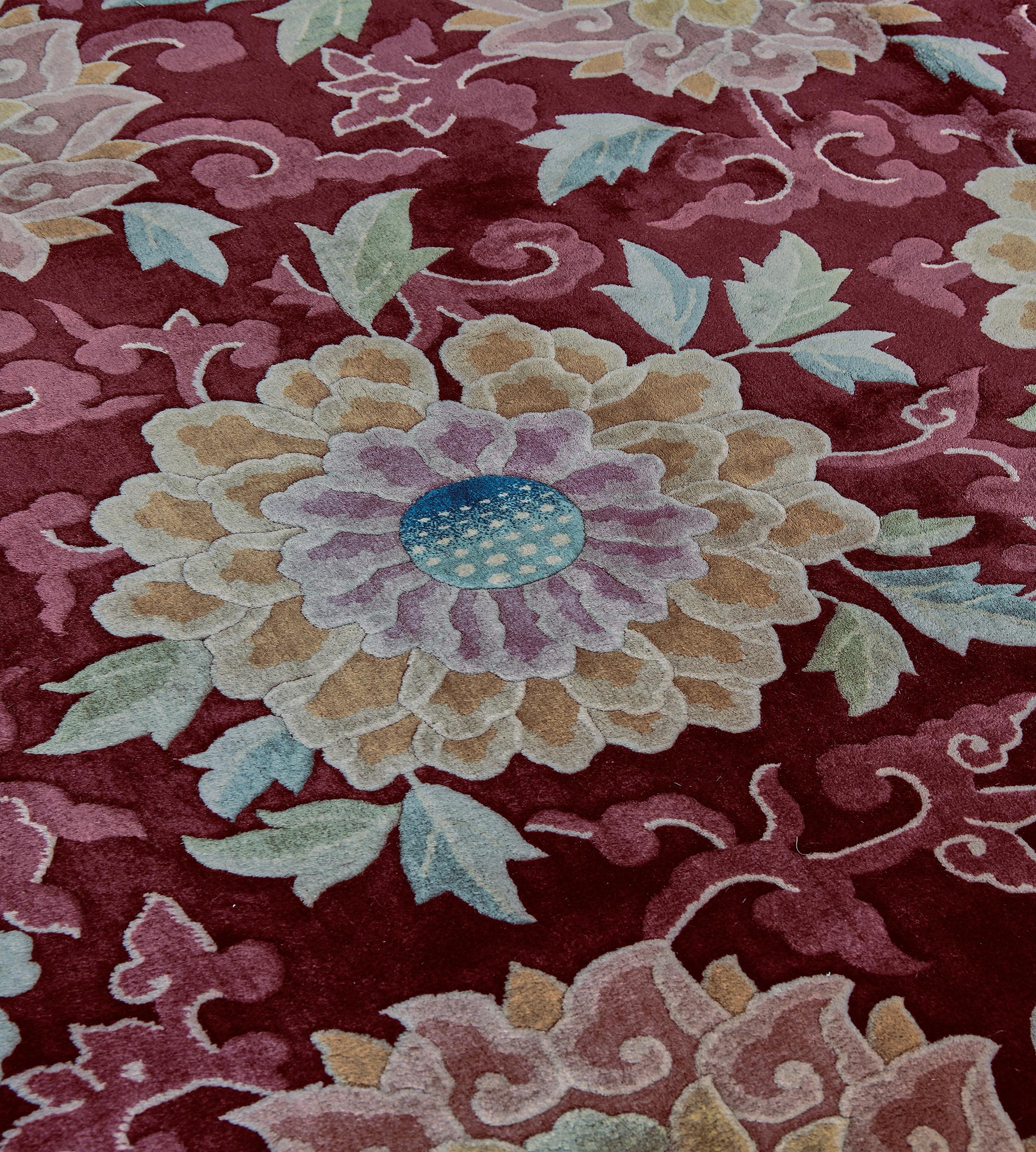 Woven Authentic Antique Wool Burgundy Floral Chinese Rug For Sale