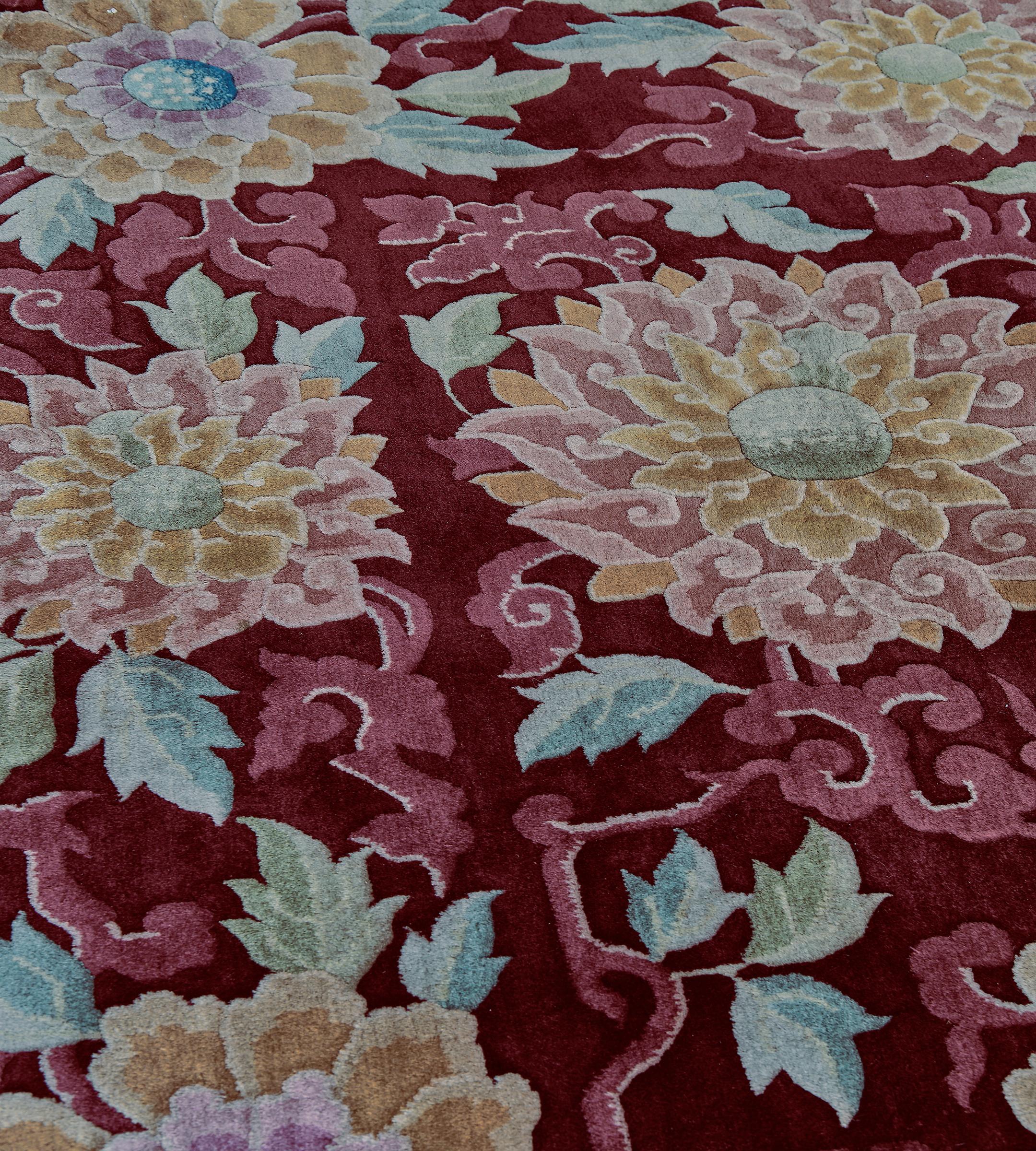 Authentic Antique Wool Burgundy Floral Chinese Rug In Good Condition For Sale In West Hollywood, CA
