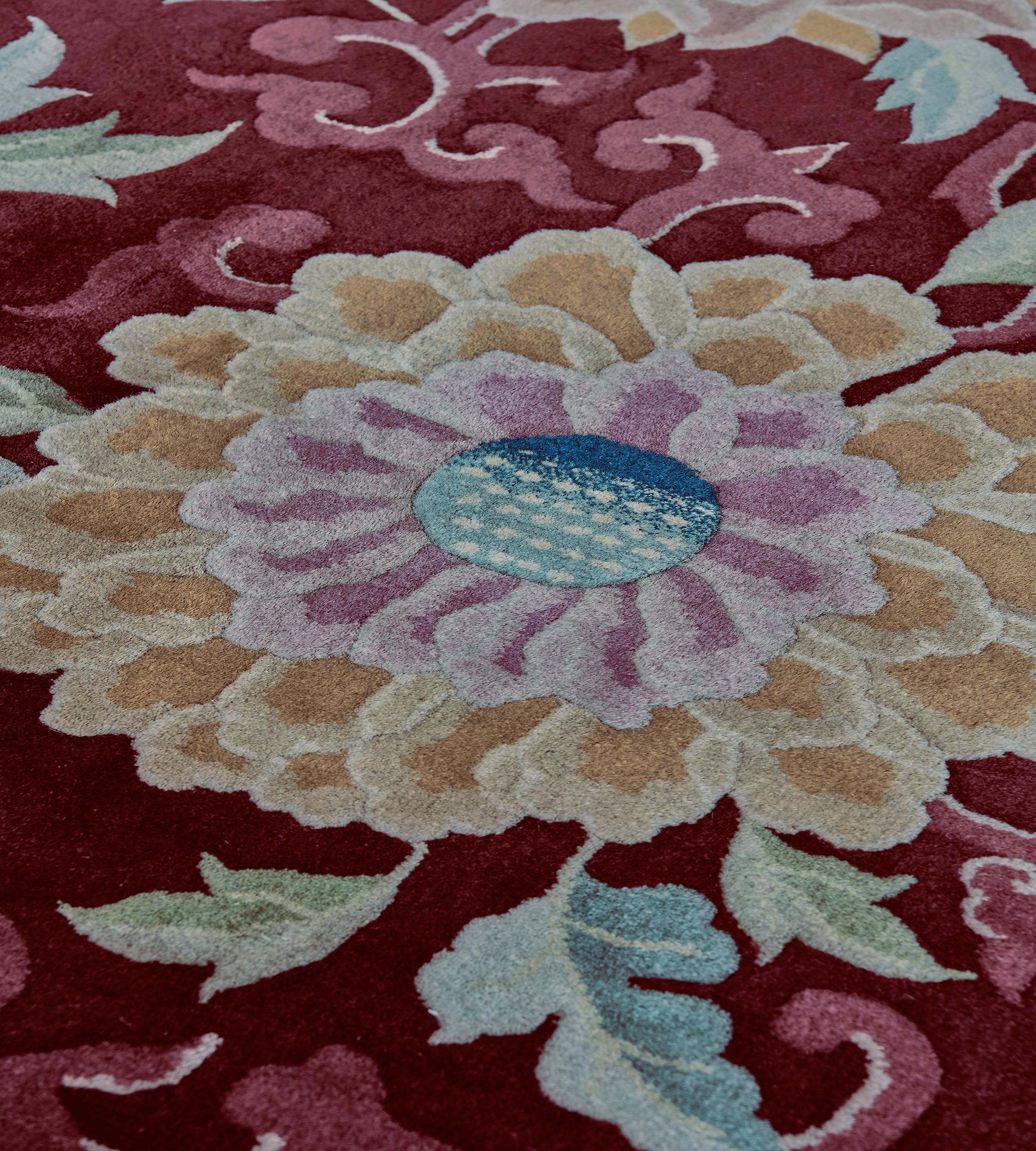 20th Century Authentic Antique Wool Burgundy Floral Chinese Rug For Sale
