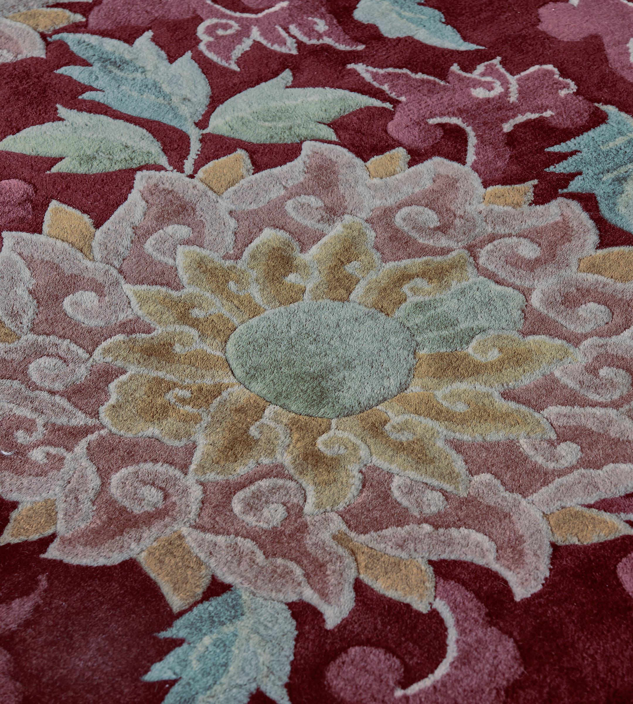 Authentic Antique Wool Burgundy Floral Chinese Rug For Sale 1