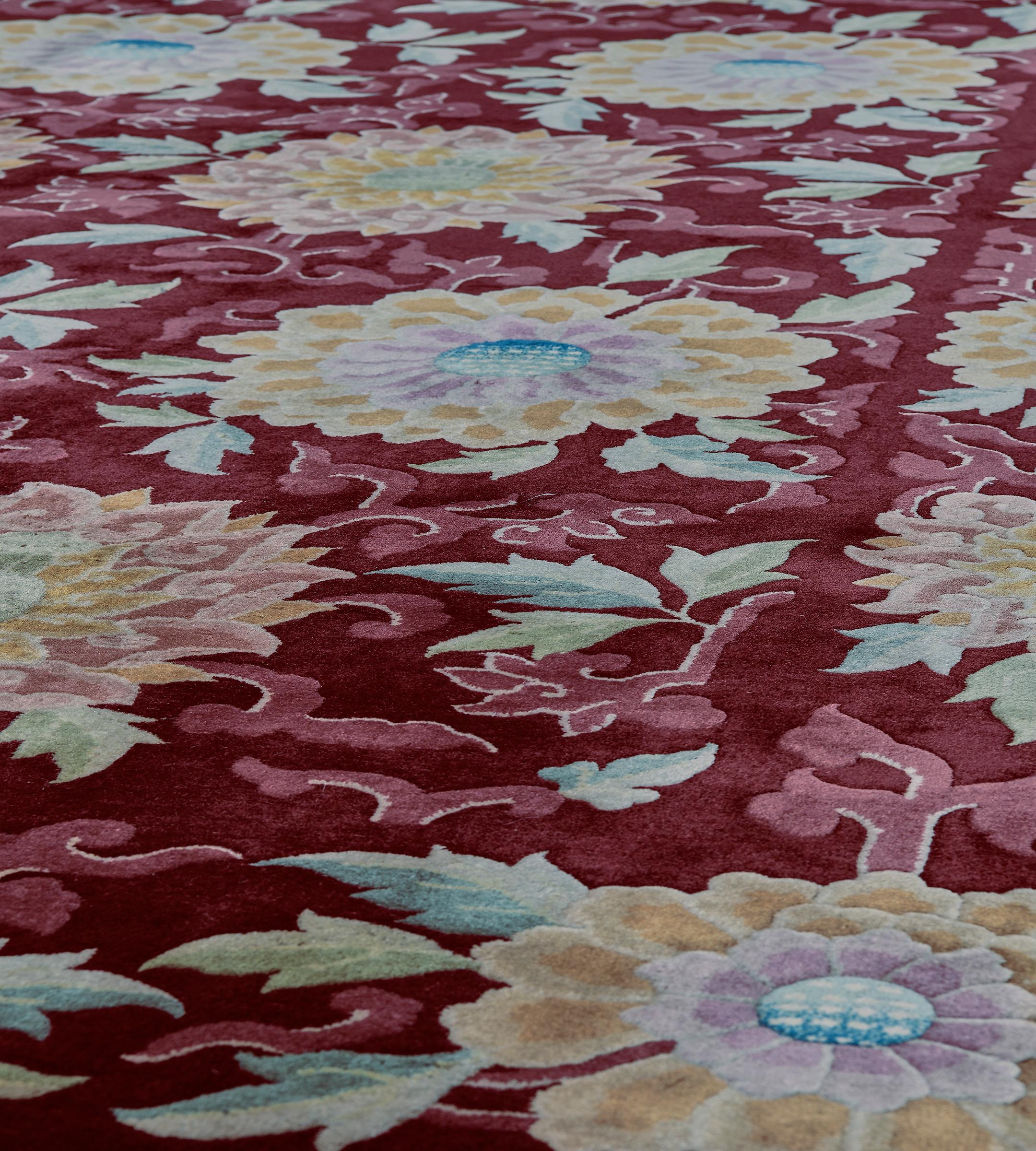 Authentic Antique Wool Burgundy Floral Chinese Rug For Sale 3