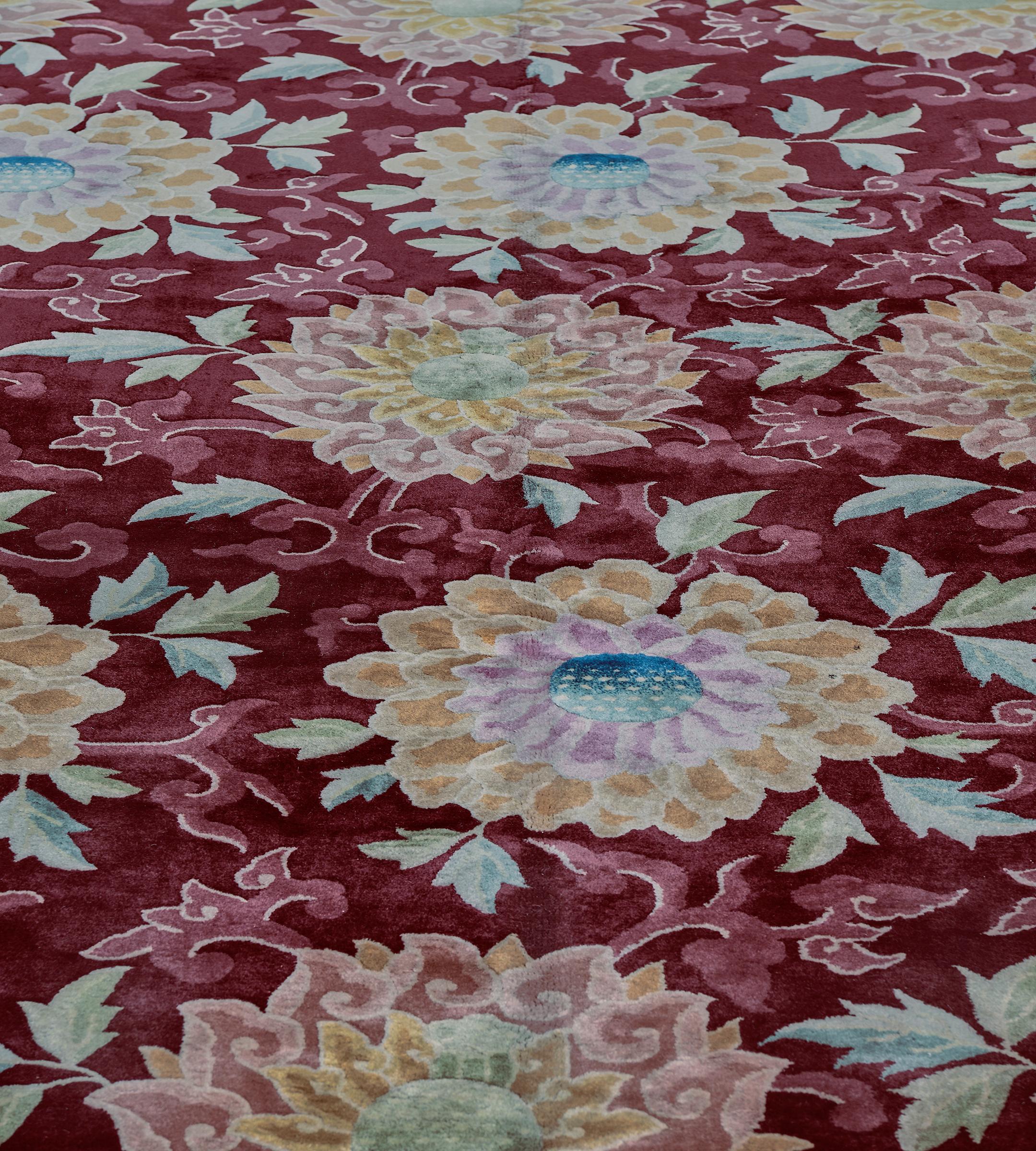 Authentic Antique Wool Burgundy Floral Chinese Rug For Sale 4