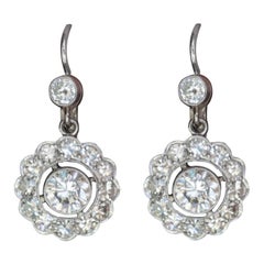 Authentic Art Deco Style 2 Carat Round Brilliant Cut Halo Dangle Drop Earrings