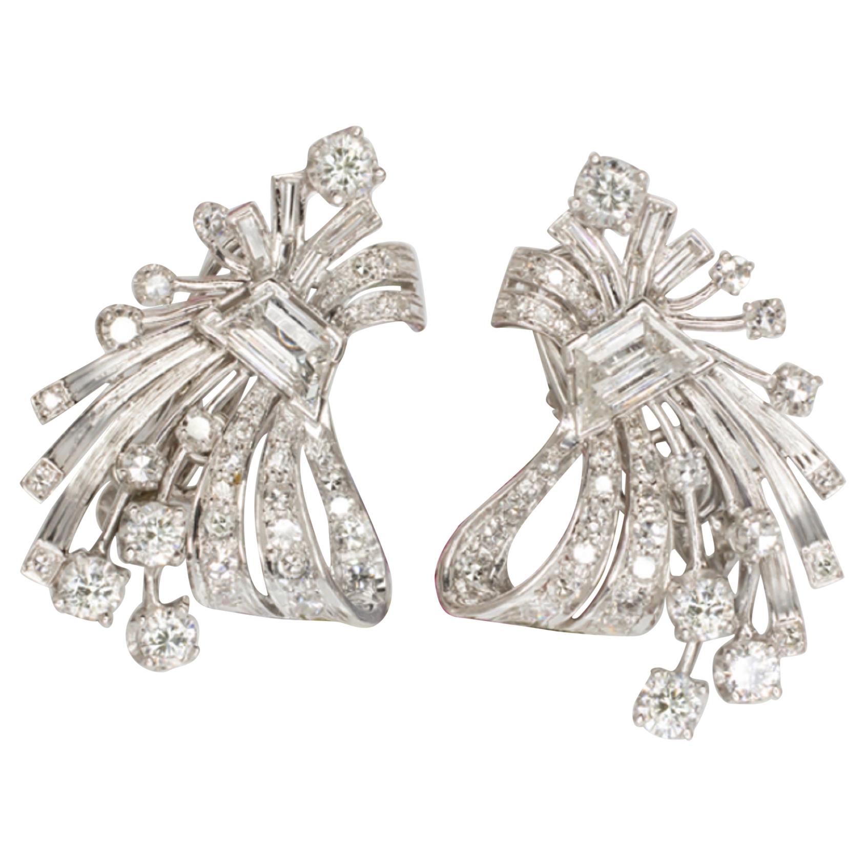 Authentic Art Deco 4.20 Carat Platinum White Diamond Earrings 