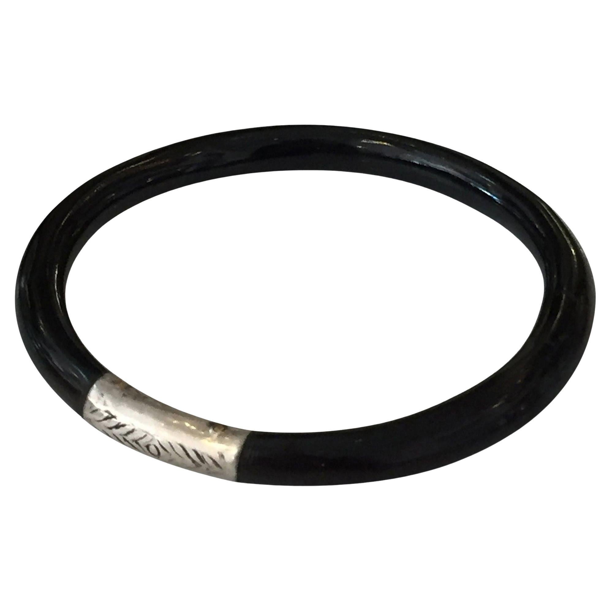 Authentic Art Deco Black Bakelite Bangle Bracelet with Sterling Accent For Sale