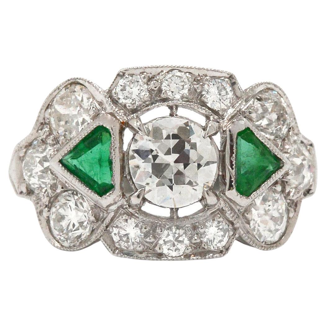 Authentic Art Deco Diamond Emerald 3 Stone Engagement Ring For Sale