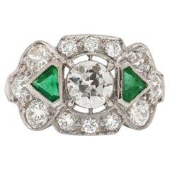 Authentic Art Deco Diamond and Emerald 3 Stone Engagement Ring 1 Carat Antique