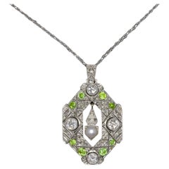 Authentische Art Deco Diamant, Perle & Demantoid Granat Anhänger Gold Halskette