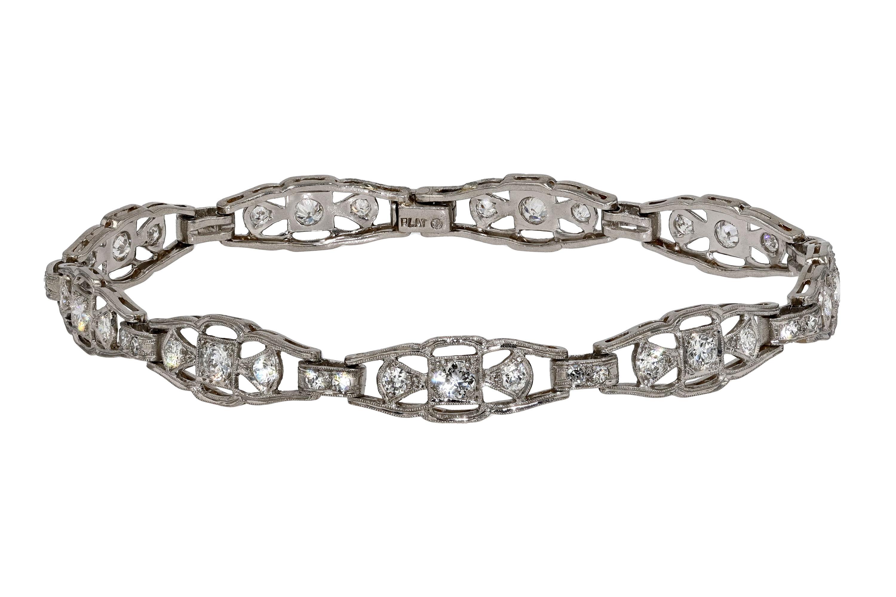 Women's or Men's Authentic Art Deco Diamond Platinum Link Bracelet