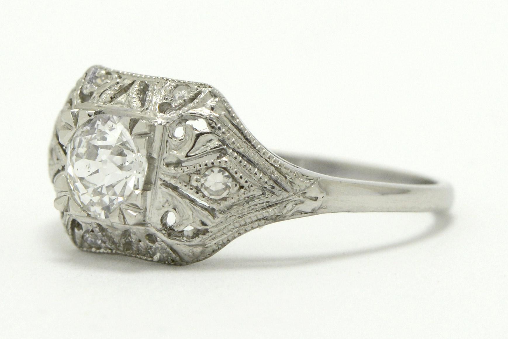 Old European Cut Art Deco Filigree Diamond Engagement Ring For Sale