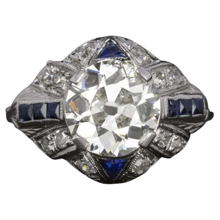 Authentic Art Deco Old European Diamond Blue Sapphire Platinum Ring