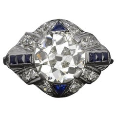 Authentic Art Deco Old European Diamond Blue Sapphire Platinum Ring